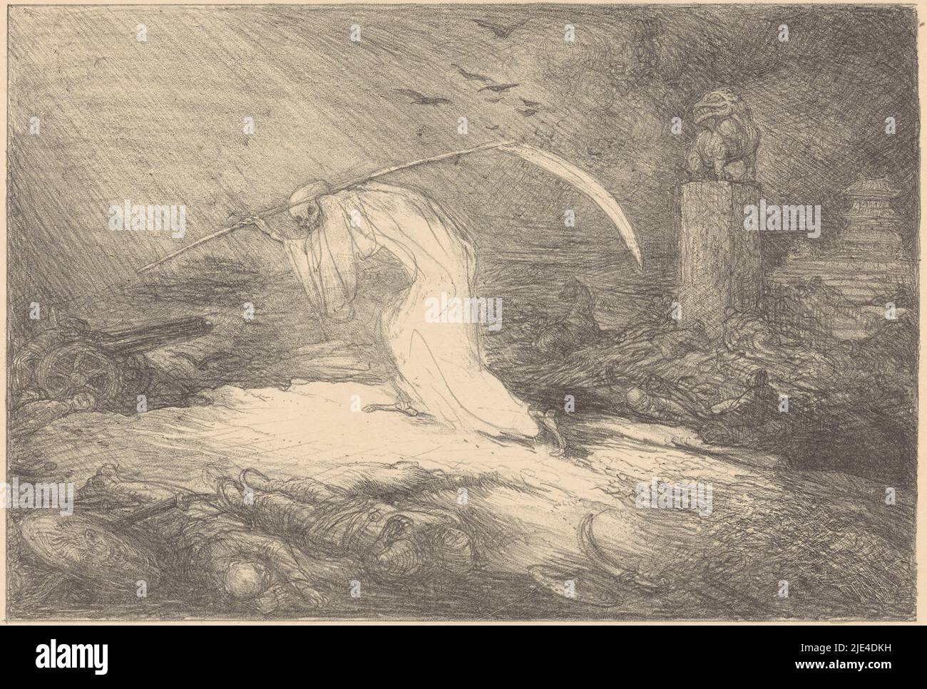 Guerre de la Chine et du Japon, Marius Bauer, 1895, dessin animé de la première guerre sino-japonaise en 1894-1895. La mort hante le champ de bataille parsemé de cadavres. Paru dans le supplément de 'The Chronicle' de 14 avril 1895., imprimerie: Marius Bauer, 14-avr-1895, papier, h 230 mm × l 340 mm, FTZYC DOCTYPE Banque D'Images