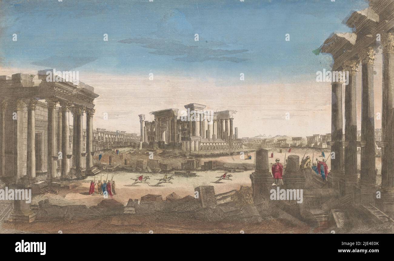 Vue des ruines des monuments à Palmyra vu du côté nord-ouest, anonyme, 1700 - 1799, numéroté dans le coin supérieur gauche: 53?, éditeur: Anonyme, imprimeur: Anonyme, 1700 - 1799, papier, gravure, brosse, h 239 mm × l 391 mm Banque D'Images