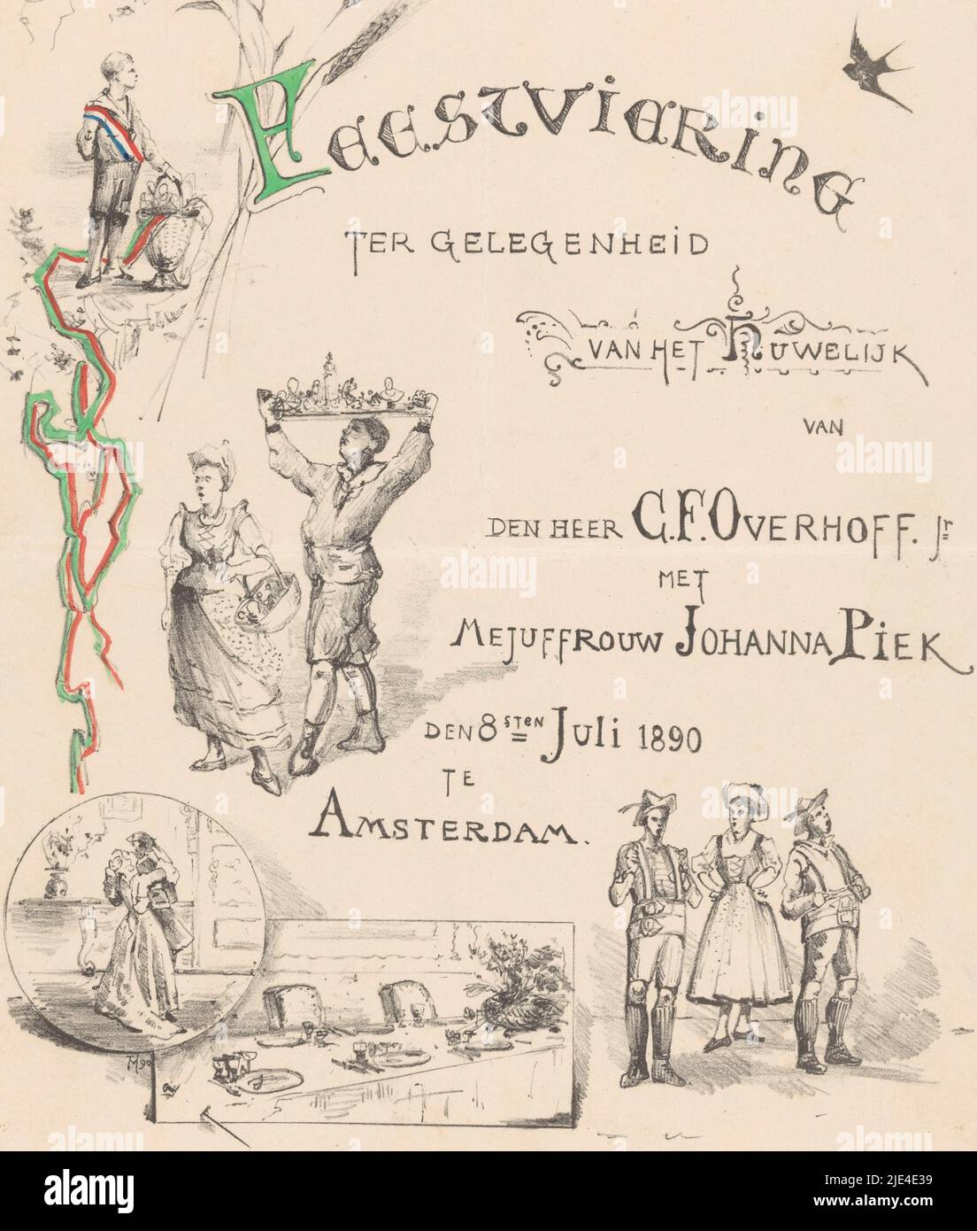 Cérémonie de mariage d'annonce, Theo van Hoytema, 1890, cérémonie de mariage d'annonce de M. Overhoff et de Mme Piek. À gauche, une femme tenant un panier et un homme tenant un plateau au-dessus de sa tête. En bas à gauche un couple biscotier; en bas à droite trois figures chantant., imprimeur: Theo van Hoytema, (mentionné sur l'objet), 1890, papier, h 306 mm × l 232 mm Banque D'Images