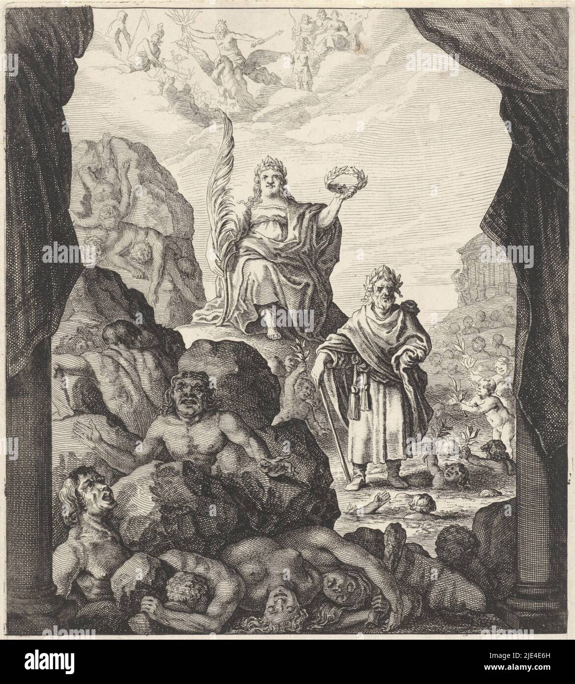 Exposition de l'écrasement de la guerre, 1648, Salomon Savery, d'après Isaac Isaacsz, 1649, Affichage de l'écrasement de la guerre. Une partie des projections réalisées sur 23 juin 1648 au Schouwburg à Amsterdam à l'occasion de la conclusion de la paix de Munster. La cinquième performance montre comment la guerre est écrasée sous un tas de rochers. Deucalion et la paix regardent dessus. Dans la légende un verset de 4 lignes en néerlandais., imprimeur: Salomon Savery, dessinateur intermédiaire: Isaac Isaacsz, éditeur: Tymon Houthaeck, Amsterdam, 1649, papier, gravure, h 268 mm × l 186 mm Banque D'Images