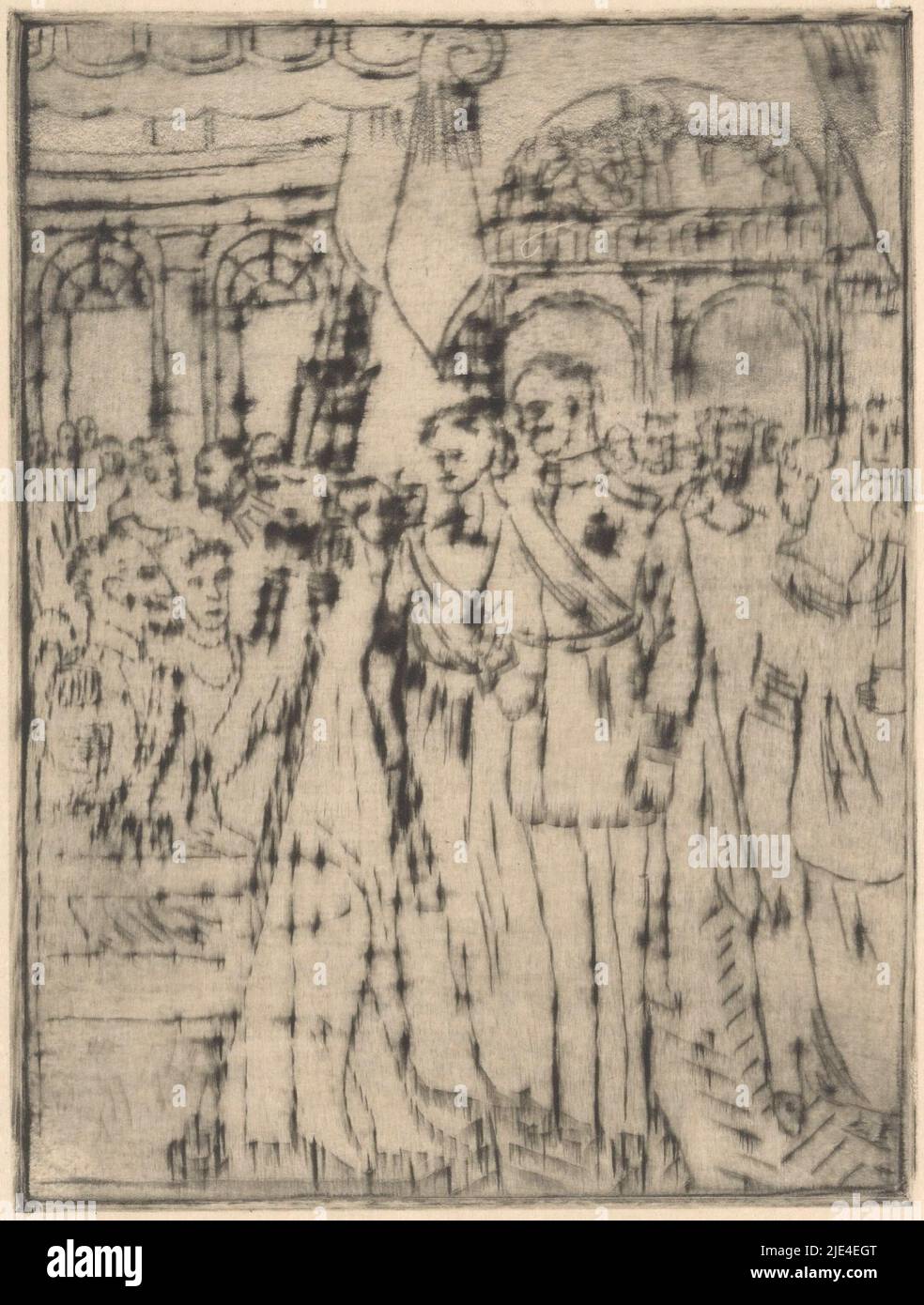 Couple avant le mariage dans l'église, Marius Holleman, 1917 ans, Un homme et une femme se tiennent bras devant un couple assis sous une verrière. Les gens dansant en arrière-plan., imprimeur: Marius Holleman, Groningen, 1917, papier, gravure, h 159 mm × l 120 mm Banque D'Images