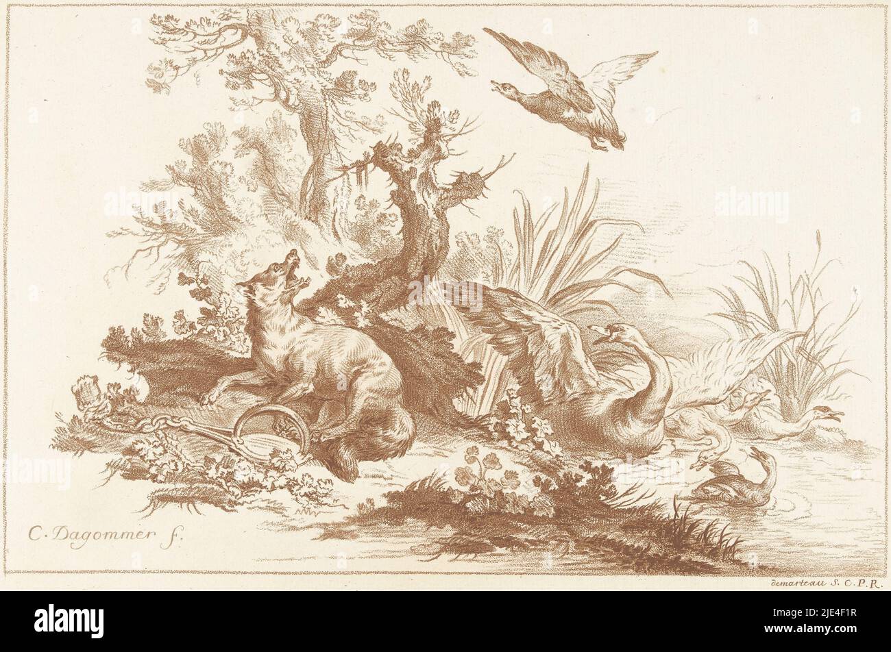Renard avec patte en piège et cygne volant et canards par eau, Gilles Demarteau, d'après Charles Dagomer, 1732 - 1776, imprimerie : Gilles Demarteau, (mentionné sur l'objet), Charles Dagomer, (mentionné sur l'objet), éditeur : Gilles Demarteau, (Mentionné sur l'objet), Paris, 1732 - 1776, papier, gravure, h 256 mm × l 369 mm Banque D'Images