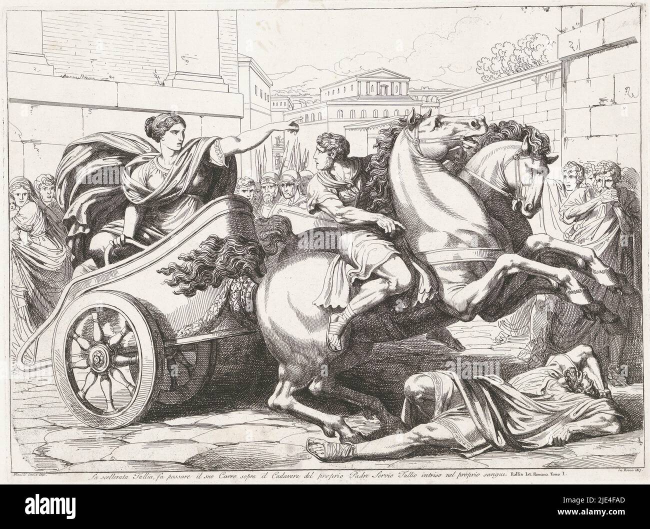 Tullia passe sur le corps de son père Tullius, Bartolomeo Pinelli, 1817 ans, Tullia passe sa voiture sur le corps mort de son père Servius Tullius., imprimeur: Bartolomeo Pinelli, (mentionné sur l'objet), Bartolomeo Pinelli, (mentionné sur l'objet), Rome, 1817, papier, gravure, h 315 mm × l 427 mm Banque D'Images