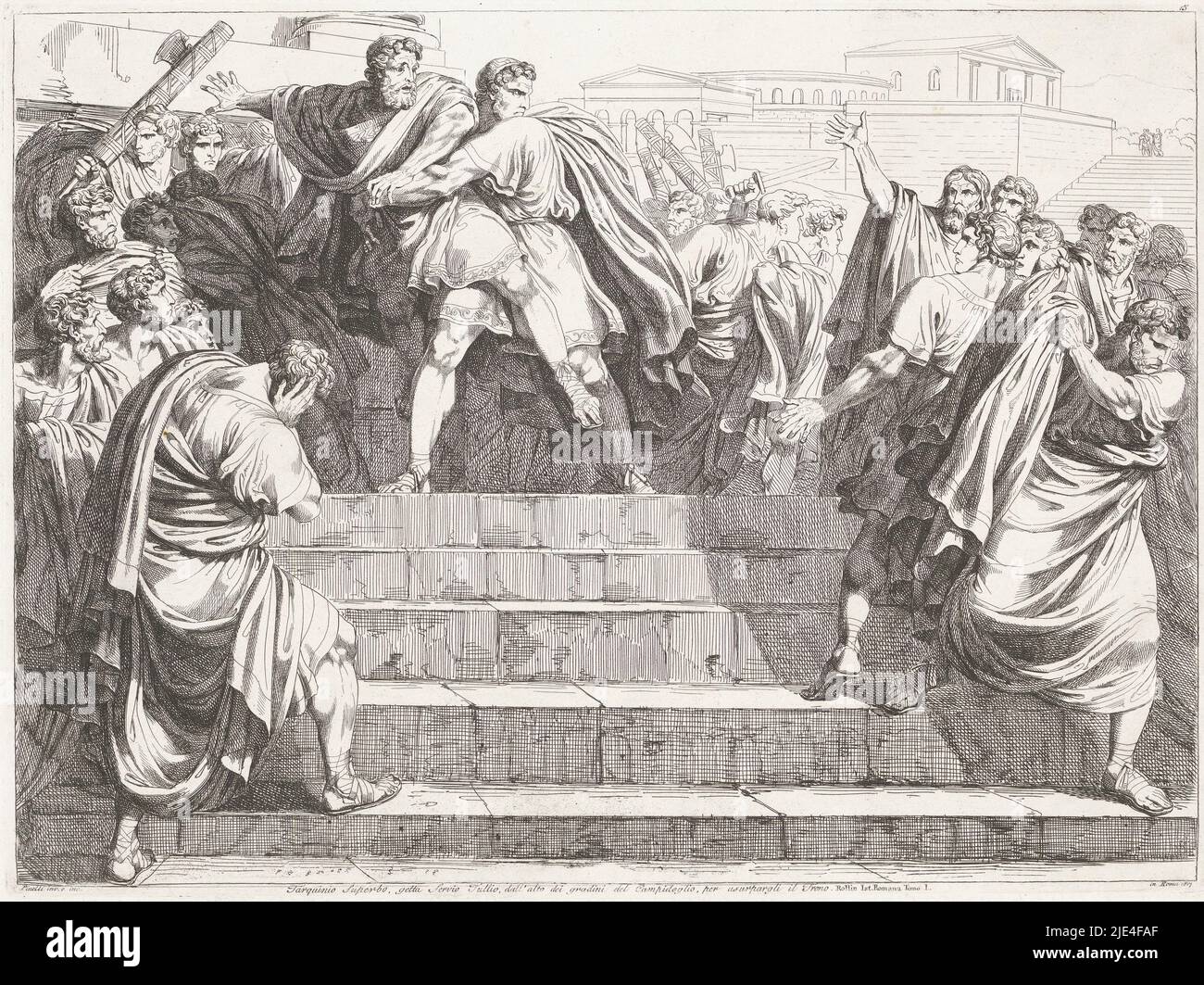 Tarquinius jette Tullius sur les marches du Capitole, Bartolomeo Pinelli, 1817, Tarquinius Superbus jette Servius Tullius sur les marches du Capitole à Rome. D'autres hommes regardent., imprimeur: Bartolomeo Pinelli, (mentionné sur l'objet), Bartolomeo Pinelli, (mentionné sur l'objet), Rome, 1817, papier, gravure, h 317 mm × l 427 mm Banque D'Images