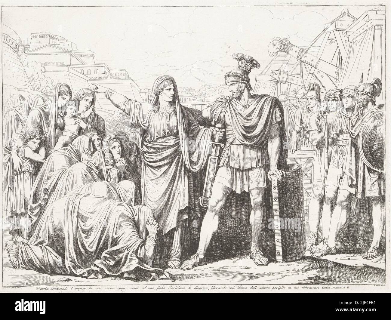 Coriolanus est désarmé par Veturia, Bartolomeo Pinelli, 1818, Gaius Marcius Coriolanus est désarmé par sa mère Veturia. À gauche, un groupe de femmes et d'enfants en deuil. A droite, l'armée de Coriolanus., imprimeur: Bartolomeo Pinelli, (mentionné sur l'objet), Bartolomeo Pinelli, (mentionné sur l'objet), Rome, 1818, papier, gravure, h 318 mm × l 428 mm Banque D'Images