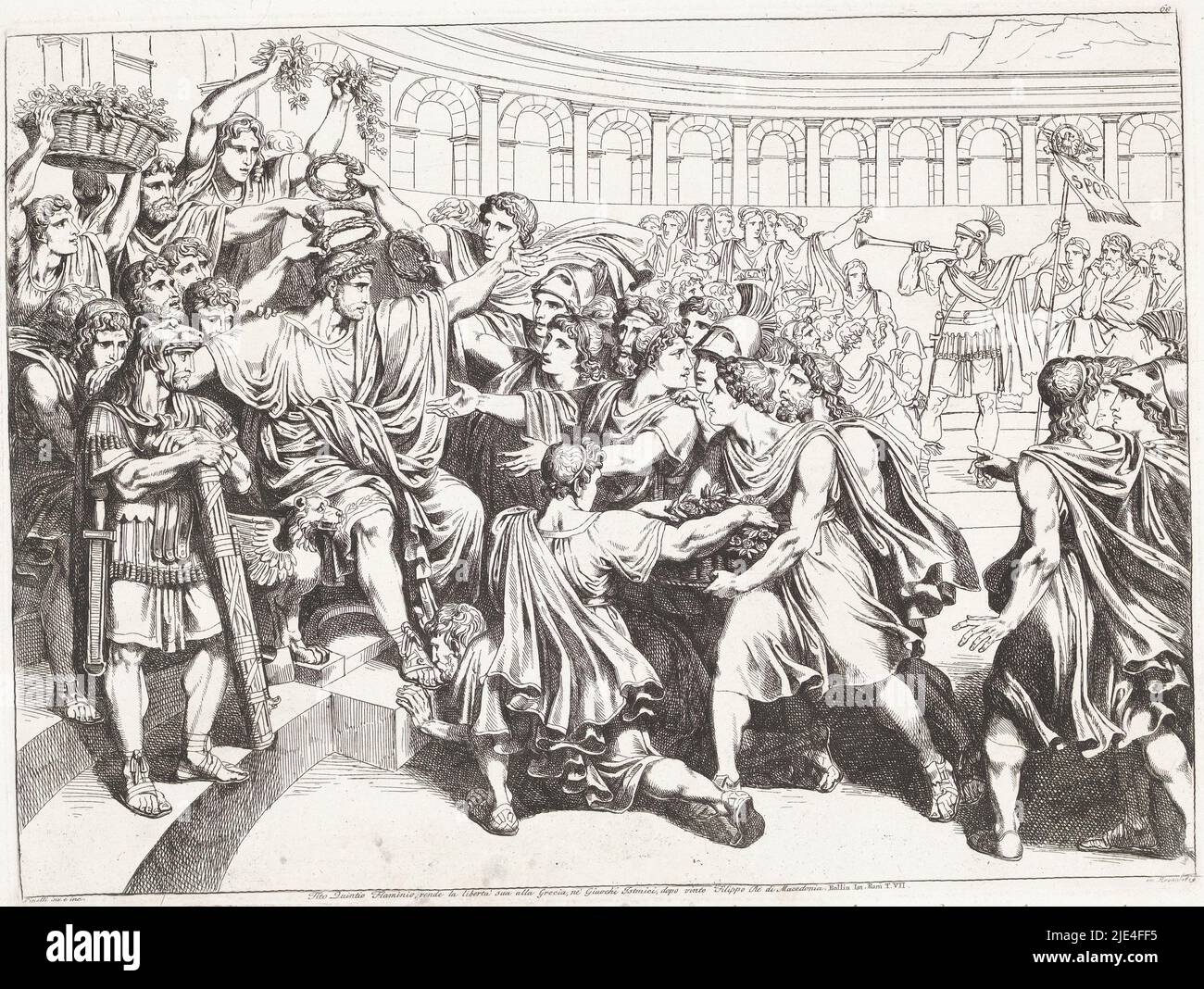 Titus Quinctius Flamininus, Bartolomeo Pinelli, 1819 ans, Titus Quinctius Flamininus proclame au nom du Sénat romain lors des Jeux isthmiens de 196 la « liberté de tous les Grecs, qu'il avait libérée du joug macédonien ». Il est doué d'honneurs par les Grecs., imprimeur: Bartolomeo Pinelli, (mentionné sur l'objet), Bartolomeo Pinelli, (mentionné sur l'objet), Rome, 1819, papier, gravure, h 316 mm × l 426 mm Banque D'Images