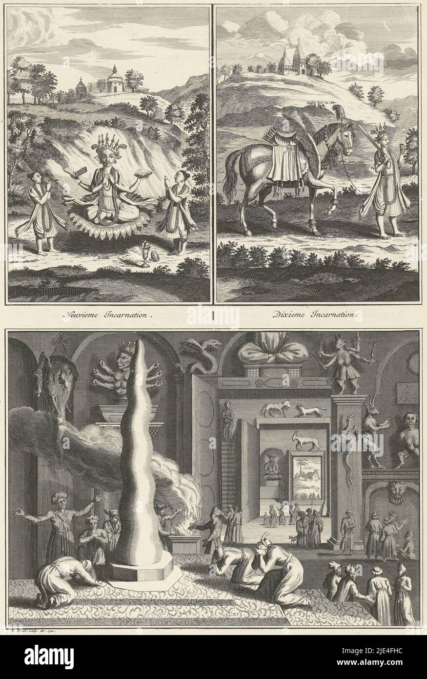 Représentations des incarnations du dieu indien Vishnu et du culte d'Ixora, Bernard Picart (atelier de), 1722, feuille avec deux représentations des incarnations de l'hindouisme et du culte d'Ixora. Ci-dessus: Le dieu indien Vishnu vient à la terre dix fois, sous dix formes différentes, pour sauver le monde. Voici les neuvième et dixième incarnations respectivement : Bouddha et Kalki. Ci-dessous : intérieur d'un temple où l'image du dieu Ixora est adorée sous la forme d'un pilier. Sous les représentations une légende en français., imprimerie: Bernard Picart, (atelier de), Bernard Picart, ( Banque D'Images