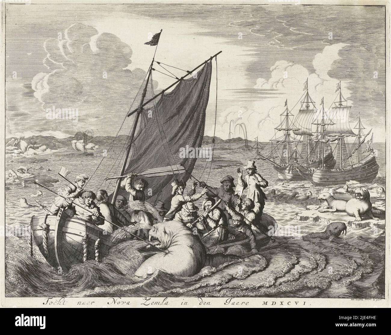Le voyage à Nova Zembla en 1596, Jan Luyken, 1679 - 1681, le voyage à Nova Zembla en 1596. L'équipage du navire dans une boucle de combat contre un morse, en arrière-plan les deux navires., imprimeur: Jan Luyken, (mentionné sur l'objet), Jan Luyken, (mentionné sur l'objet), pays-Bas du Nord, 1679 - 1681, papier, gravure, h 273 mm × l 343 mm Banque D'Images