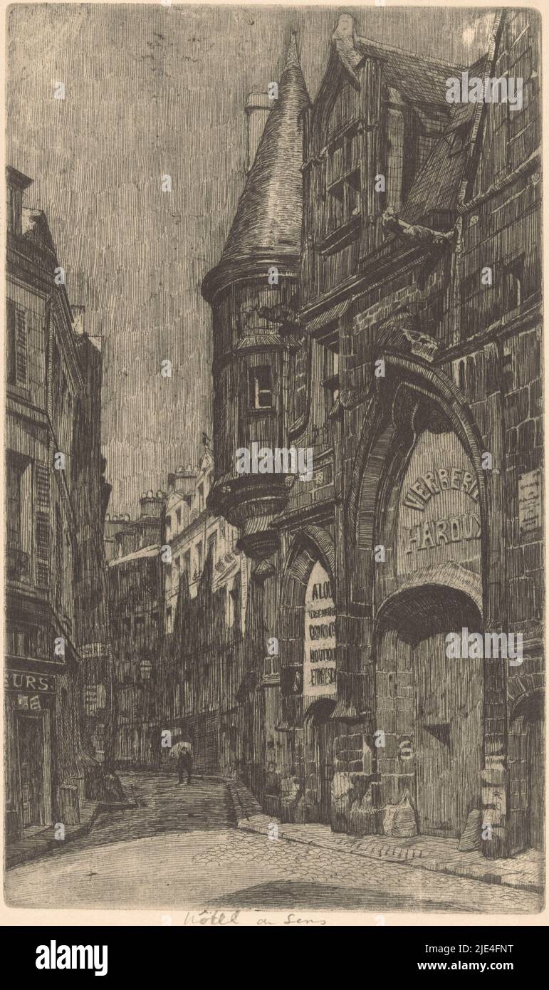 Vue sur la rue avec l'Hôtel de sens à Paris, Martin Monnickendam, 1884 - 1931, à droite l'Hôtel de sens., imprimerie : Martin Monnickendam, 1884 - 1931, papier, gravure, h 297 mm × l 178 mm Banque D'Images