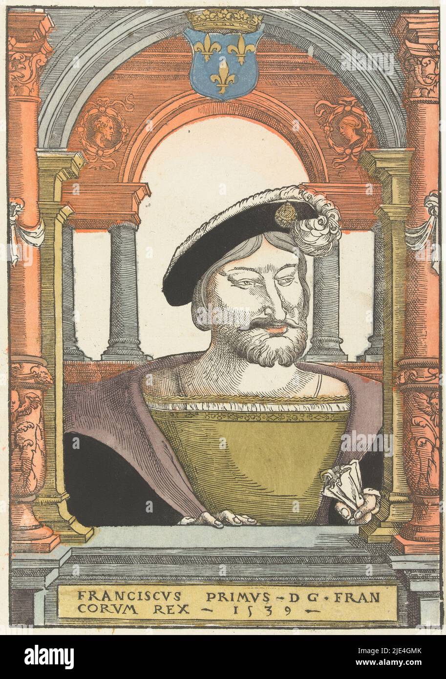 Portrait de François I de France, Pieter Coecke van Aelst (I) (cercle de), 1539, Francis I, roi de France, pectoral derrière le seuil de la fenêtre, dans deux arches l'une derrière l'autre. En haut au centre, le blason français couronné, sous le parapet en lettres sculptées, le titre et l'année. Pendentif de portrait d'Eleanor de France., imprimerie: Pieter Coecke van Aelst (I), (cercle de), Hans Liefrinck (I), (éventuellement), imprimeur: Hans Liefrinck (I), Bas pays, imprimeur: Anvers, 1539, papier, h 342 mm × l 238 mm, h 405 mm × l 271 mm Banque D'Images