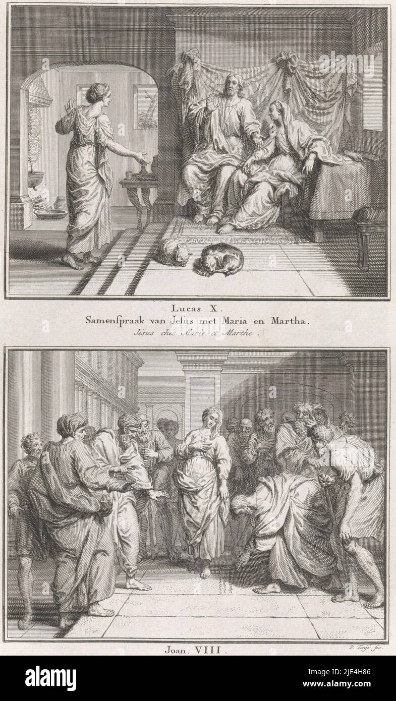 Christ dans la maison de Martha et Marie / Christ et l'Adultére, Pieter Tanjé, 1791, deux représentations bibliques. Ci-dessus : visite de Marta et Marie par le Christ. Mary est à côté de lui à l'écoute. Marta se plaint au Christ que Marie ne l'aide pas. Christ répond que Marie a fait le bon choix. Ci-dessous: Les scribes ont apporté une femme adultère au Christ. Christ écrit avec son doigt sur le sol. Ci-dessous les représentations une référence aux textes et titres de la Bible en néerlandais et français., imprimerie: Pieter Tanjé, (mentionné sur l'objet), Amsterdam, 1716 - 1761 et/ou 1791, papier, gravure Banque D'Images
