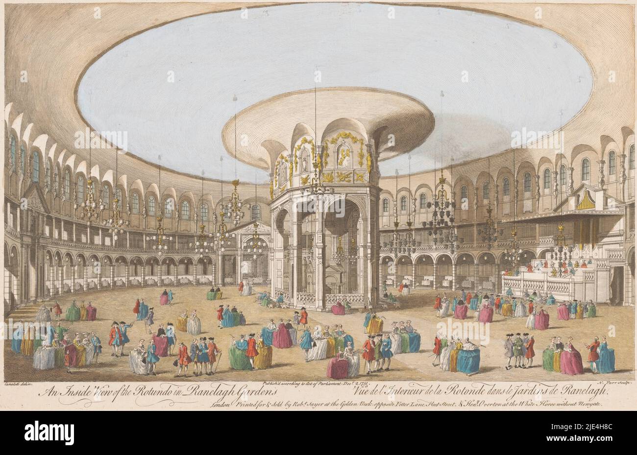 Vue de l'intérieur de la rotonde dans les jardins de Ranelagh, Londres, Robert Sayer, après Canaletto, 1751, Numéroté en haut à droite: 2., éditeur: Robert Sayer, (mentionné sur l'objet), éditeur: Henry Overton (II), (mentionné sur l'objet), imprimeur: Nathaniel Parr, (mentionné sur l'objet), Londres, 2-Dec-1751, papier, gravure, brosse, h 258 mm × l 402 mm Banque D'Images