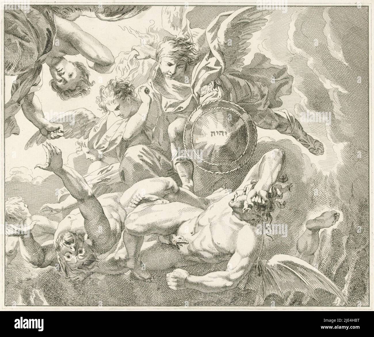 Michael subdues le diable, Roelof van der Meulen, 1824, l'archange Michael, avec d'autres anges, jette le diable hors du ciel, qui tombe sous forme humaine, avec des cheveux comme des serpents et des ailes de dragon. Michael tient d'une part un faisceau de flammes et de l'autre son bouclier avec le monogramme Christ., Imprimeur: Roelof van der Meulen, (mentionné sur l'objet), Amsterdam, 1824, papier, gravure, gravure, h 333 mm × l 395 mm Banque D'Images