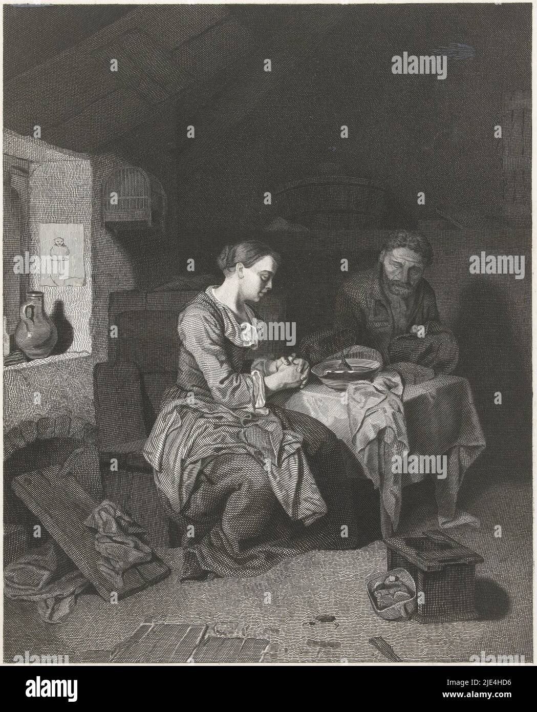 Prière avant le repas, Friedrich Wilhelm Burmeister, après Cornelis Pietersz. Bega, 1855 - 1915, intérieur d'un ménage paysan pauvre. Un vieil homme et une jeune femme sont assis à la table. Les deux ont les yeux fermés et les mains repliées dans la prière. Sur la table se trouve une grande assiette de soupe ou de porridge, une hunk de pain et un peu de beurre. La pièce est désordonnée. Sur le sol, il y a un banc cassé et un pot à feu cassé. Sur le rebord de la fenêtre une carafe et une empreinte d'un singe., imprimeur: Friedrich Wilhelm Burmeister, après: Cornelis Pietersz. Bega, 1855 - 1915, papier, gravure, h 436 mm × l 338 mm Banque D'Images