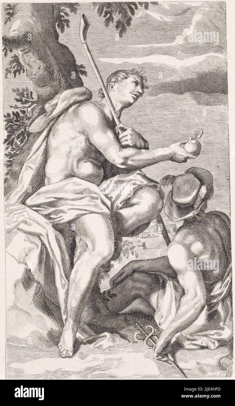 Arrêt de Paris, C.A. Tuchs, d'après Willem Isaacsz. Van Swanenburg, d'après Michiel Jansz van Mierevelt, 1865 ans, Paris, assis sous un arbre, atteint la pomme dorée avec sa main droite. À ses pieds se trouve Mercury., imprimeur: C.A. Tuchs, (signé par l'artiste), Willem Isaacsz. Van Swanenburg, Michiel Jansz van Mierevelt, pays-Bas, 10-oct-1865, papier, gravure, h 253 mm × l 162 mm Banque D'Images
