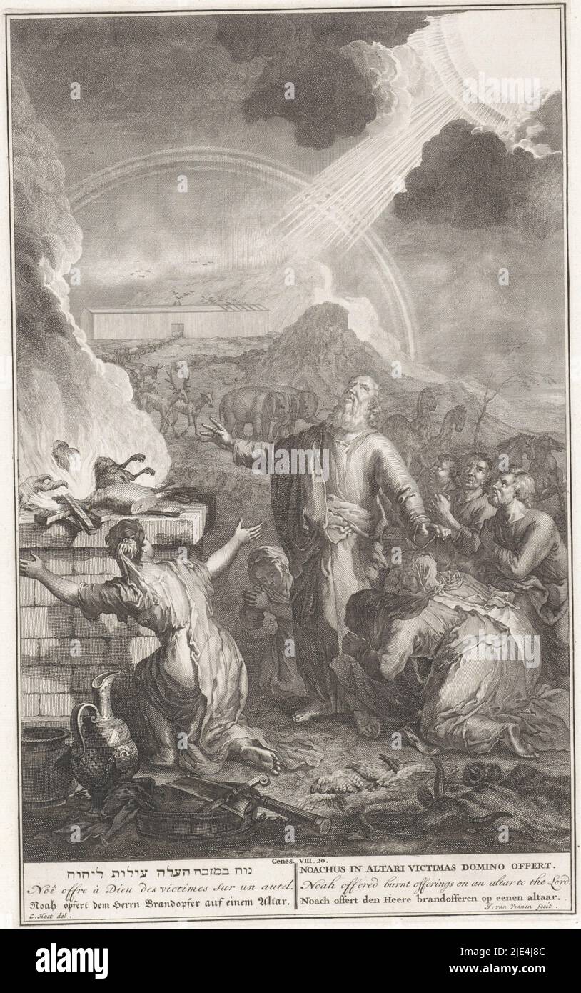 Le sacrifice de Noé, Jan van Vianen, d'après Gerard Hoet (I), 1720 - 1728, Noé apporte des offrandes brûlées à Dieu. En arrière-plan, les animaux quittent l'arche. Illustration du texte de la Bible Genèse 8: 20. Ci-dessous l'image le titre en hébreu, anglais, allemand, latin, français et néerlandais., imprimerie: Jan van Vianen, (mentionné sur l'objet), dessinateur intermédiaire: Gerard Hoet (i), (mentionné sur l'objet), éditeur: Bernard Picart, (éventuellement), éditeur: Amsterdam, Editeur: La Haye, 1705 - 1720 et/ou 1720 - 1728, papier, gravure, h 353 mm, l 227 mm Banque D'Images