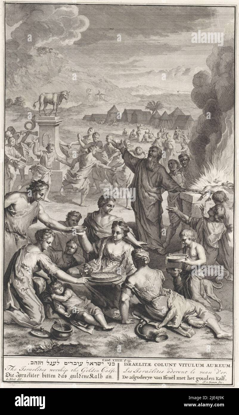Dansez autour du veau d'or, Jan van Vianen, d'après Gerard Hoet (I), 1720 - 1728, l'idolâtrie d'Israël avec la danse autour du veau d'or. Au premier plan, il y a de la danse et de la musique qui est faite autour d'un pilier avec le veau d'or. Au premier plan, un banquet est mangé. En arrière-plan Moïse sur la montagne avec les tablettes de pierre de la loi. Illustration du texte de la Bible ex. 32: 6-19. Ci-dessous l'illustration le titre en hébreu, anglais, allemand, latin, français et néerlandais., imprimerie: Jan van Vianen, (mentionné sur l'objet), rapporteur pour avis: Gerard Hoet (I), (mentionné sur Banque D'Images