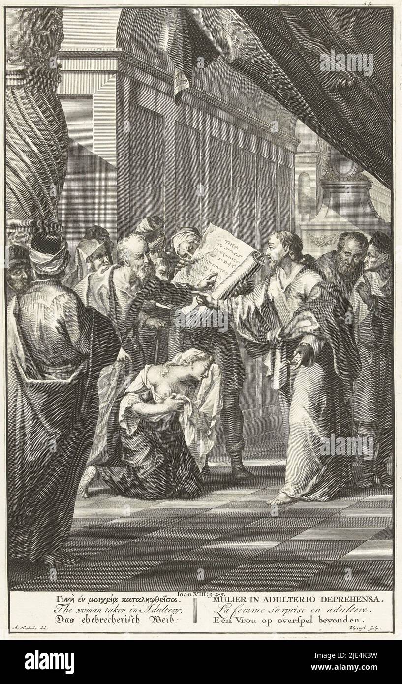 Le Christ et l'adoresse, François van Bleyswijck, d'après Arnold Houbraken, 1728, les scribes et les Pharisiens demandent au Christ ce qu'ils devraient faire avec une femme prise dans l'adultère. Un homme pointe vers la Loi de Moïse qui dit qu'elle devrait être lapidée à mort. Au-dessous de la scène, en six langues, se trouve un texte biblique de Jean 8:3-5, imprimerie: François van Bleyswijck, (mentionné sur l'objet), dessinateur intermédiaire: Arnold Houbraken, (mentionné sur l'objet), Leiden, 1681 - 1728 et/ou 1728, papier, gravure, h 355 mm × l 225 mm Banque D'Images