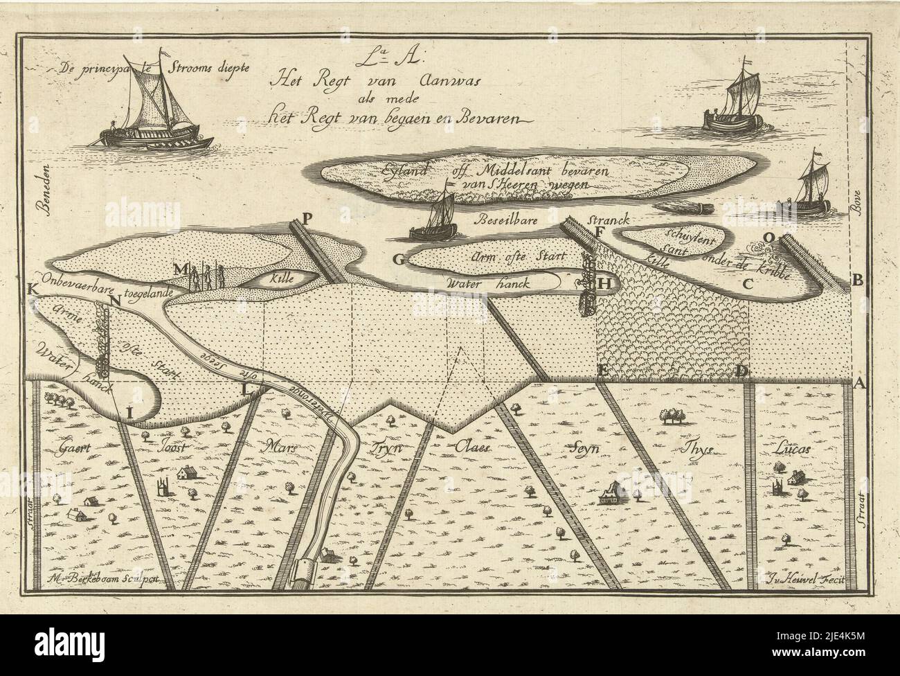 Carte des îles au large de la côte, Martinus Berkenboom, d'après J. van Heuvel, 1650 - 1715, carte des îles au large de la côte. L'impression fait partie d'une série de tirages sur l'ingénierie hydraulique et la récupération., imprimeur: Martinus Berkenboom, (mentionné sur l'objet), J. van Heuvel, (mentionné sur l'objet), Nijmegen, 1650 - 1715, papier, gravure, h 200 mm × l 302 mm Banque D'Images