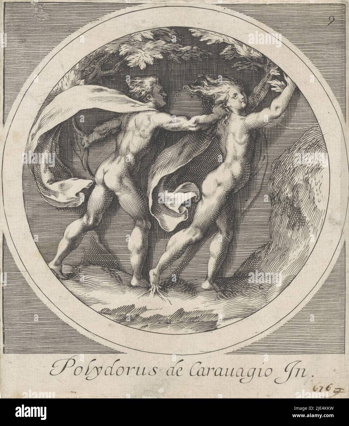 Apollo et Daphne, Cherubino Alberti (peut-être), après Polidoro da Caravaggio, après Cherubino Alberti, c. 1590 - c. 1600, Apollo poursuit la fuite de Daphné. Ses bras levés sont déjà en croissance des branches et des feuilles et ses pieds prennent racine. La scène est encadrée dans un cadre circulaire. Dans la marge inférieure, le nom du concepteur. Numéroté en haut à droite: 9., imprimeur: Cherubino Alberti, (éventuellement), imprimeur: Anonyme, Polidoro da Caravaggio, (mentionné sur l'objet), Italie, c. 1590 - c. 1600, papier, gravure, h 164 mm × l 143 mm Banque D'Images