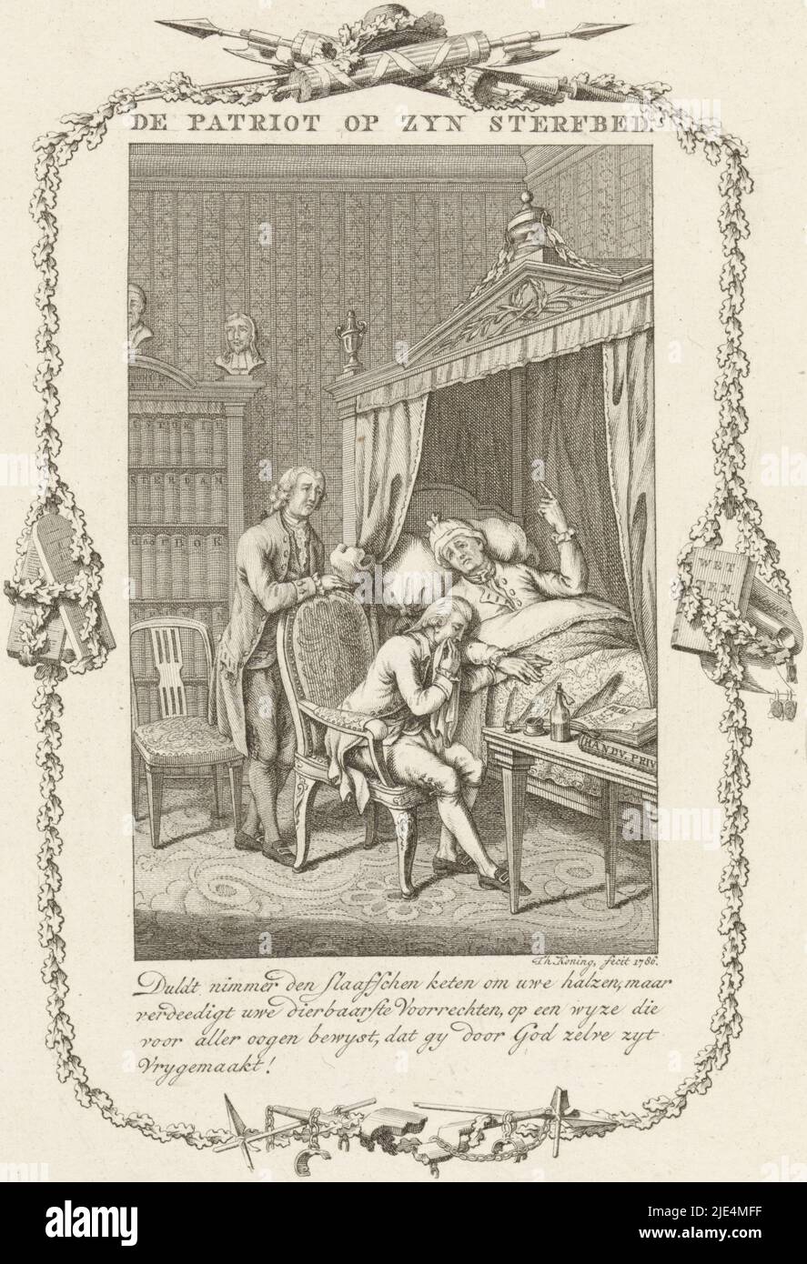 Patriot sur son lit de mort, Théodore Roi, 1786, dans un intérieur, un patriote se trouve sur son lit de mort. À son chevet se trouvent deux hommes en deuil. Sur une petite table à côté du lit de mort sont des ustensiles d'écriture et une Bible ouverte. Sous l'image se trouve une légende à quatre lignes. L'image est encadrée en feuilles de chêne avec des fasces, des sépulchers et des livres de droit., imprimerie: Theodoor Koning, (mentionné sur l'objet), Amsterdam, 1786, papier, gravure, h 214 mm × l 143 mm Banque D'Images