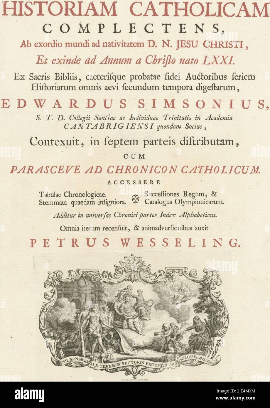 Allégorie de l'inspiration. Sur la gauche se trouve Hercules tenant une toile, flanquée de la vérité et de la constance. À droite, on trouve des putti avec un tamis dans les mains, un troisième puto brûlant des livres avec une femme voilée. Dans le ciel se trouve l'écriture qui est louée par un puto et une figure allégorique avec le symbole de l'éternité dans ses mains. Minerva détient, par inspiration, le bras de l'écriture, Allegory sur la page de titre de l'inspiration: P. Wesseling, Chronicon historiam complectens catholicam, 1752, imprimeur: Adolf van der Laan, (mentionné sur l'objet), Adolf van der Laan, (mentionné sur l'objet), 1739 Banque D'Images Allégorie de l'inspiration. Sur la gauche se trouve Hercules tenant une toile, flanquée de la vérité et de la constance. À droite, on trouve des putti avec un tamis dans les mains, un troisième puto brûlant des livres avec une femme voilée. Dans le ciel se trouve l'écriture qui est louée par un puto et une figure allégorique avec le symbole de l'éternité dans ses mains. Minerva détient, par inspiration, le bras de l'écriture, Allegory sur la page de titre de l'inspiration: P. Wesseling, Chronicon historiam complectens catholicam, 1752, imprimeur: Adolf van der Laan, (mentionné sur l'objet), Adolf van der Laan, (mentionné sur l'objet), 1739 Banque D'Images