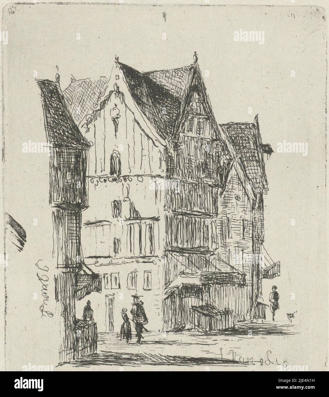 Vue sur la rue avec maisons en bois et quelques marcheurs, vue sur la rue, imprimerie: Joannes van Liefland, (mentionné sur l'objet), 1819 - 1861, papier, gravure, h 92 mm × l 78 mm Banque D'Images