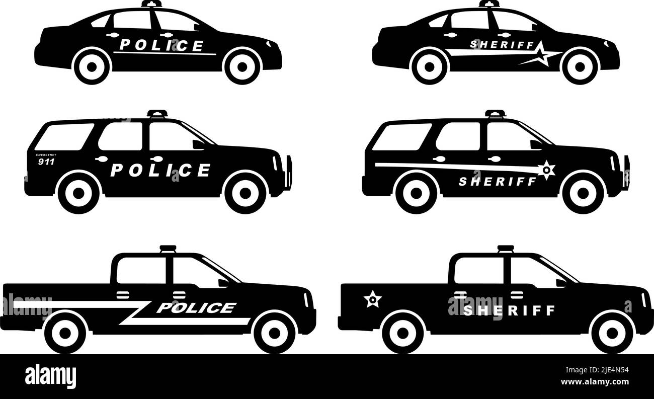 Illustration d'une silhouette de voitures de police et de shérif isolées sur fond blanc. Illustration de Vecteur