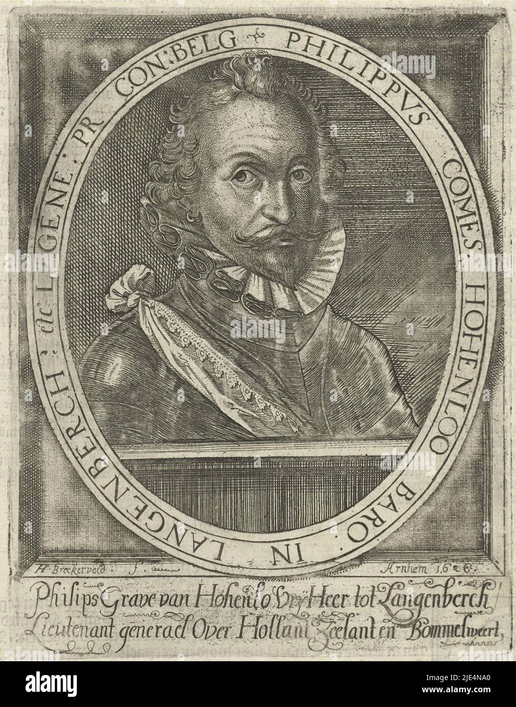 Buste du commandant de l'armée néerlandaise en armure avec col blanc. Sous le portrait se trouvent son nom et ses titres. Page d'un livre, sur le texte imprimé du verso, Portrait de Philippe le Comte de Hohenlohe zu Langenburg., Imprimeur: Herman Breckerveld, (mentionné sur l'objet), anonyme, Arnhem, 1626, papier, gravure, impression typographique, h 157 mm × l 122 mm Banque D'Images