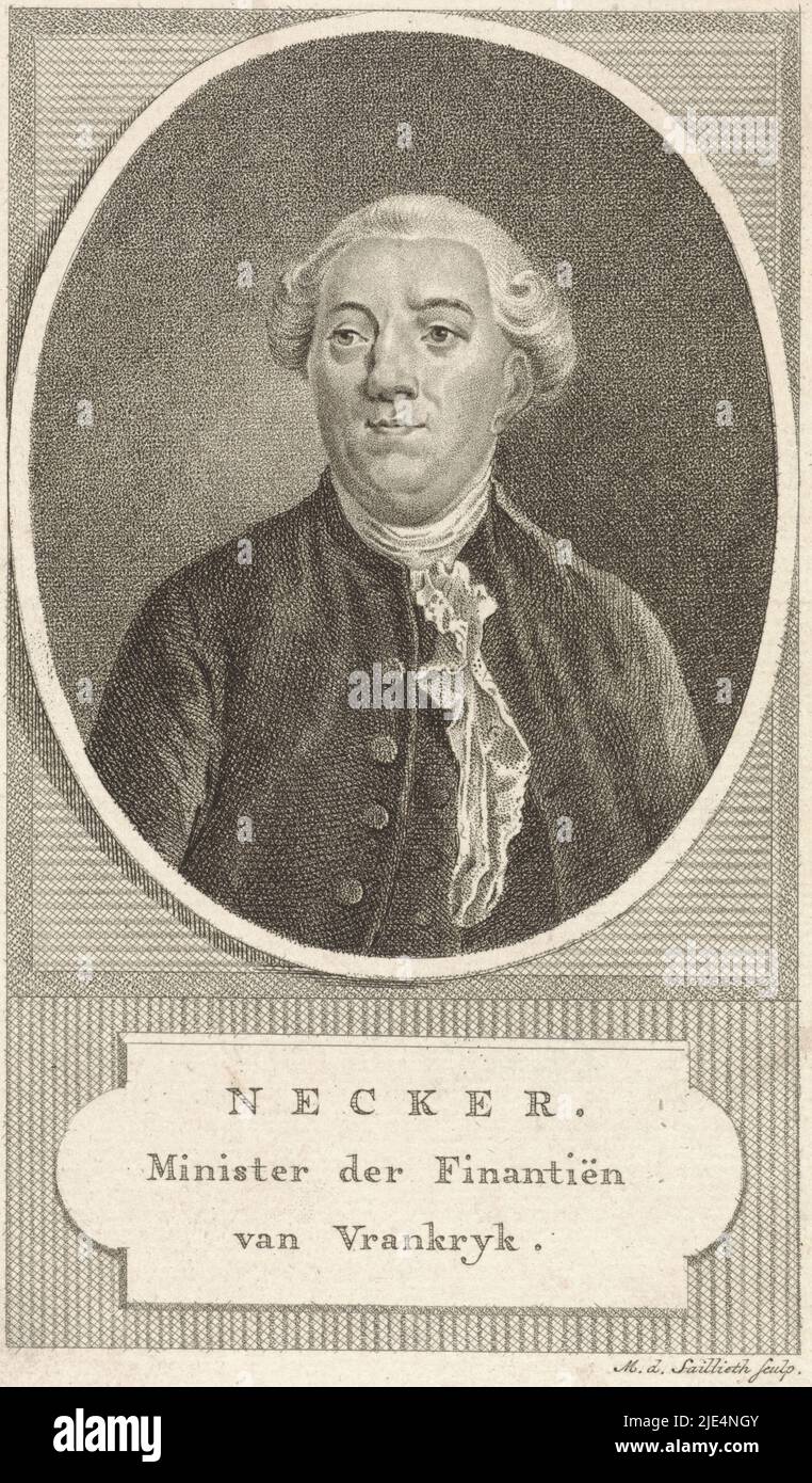 Portrait de l'homme d'État français Jacques Necker, imprimeur: Mathias de Sallieth, (mentionné sur l'objet), 1764 - 1791, papier, gravure, h 181 mm × l 117 mm Banque D'Images