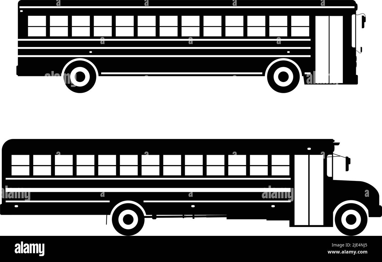 Illustration de la silhouette deux variantes de bus scolaires classiques sur fond blanc dans un style plat. Illustration de Vecteur