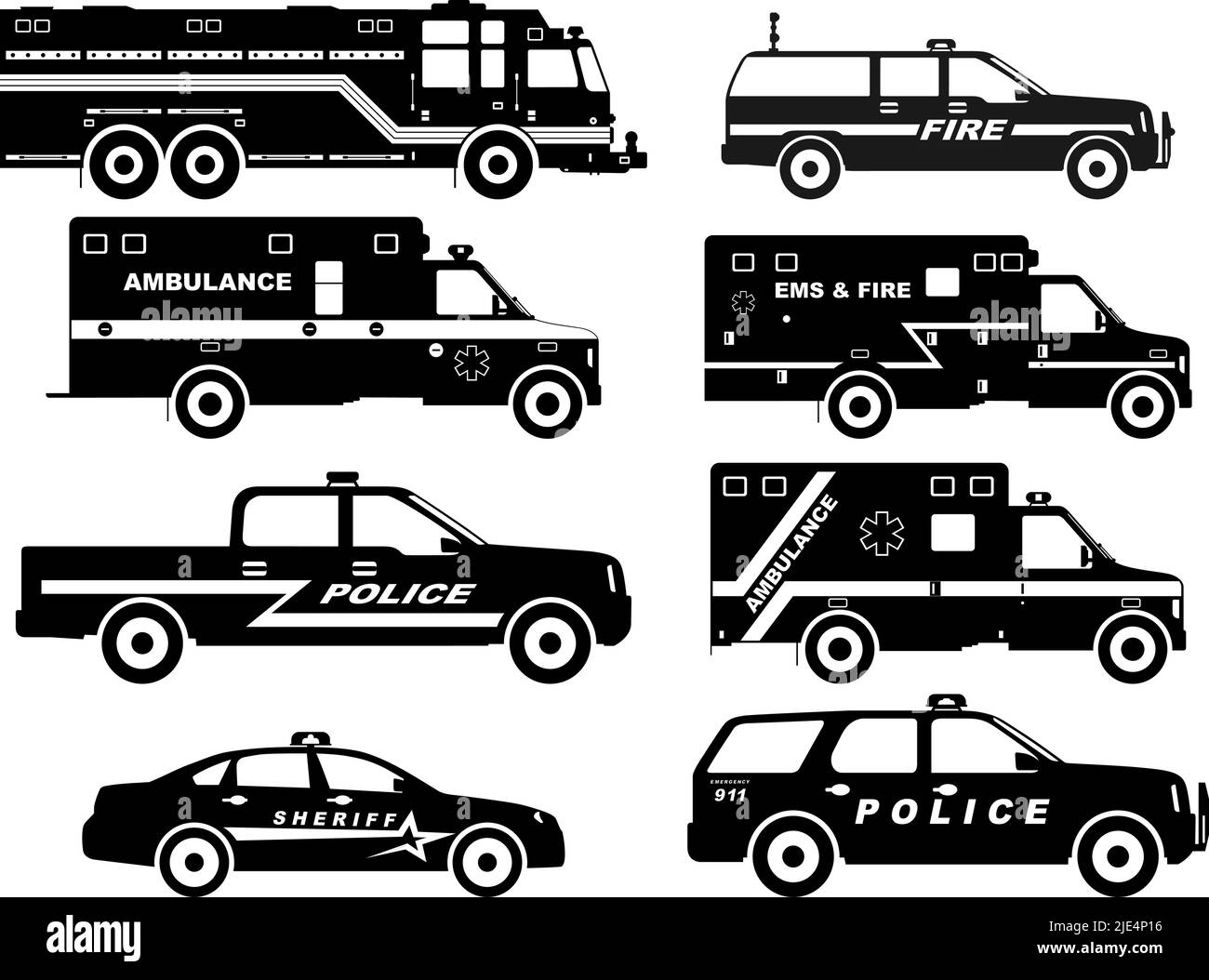 Illustration de la silhouette des voitures de pompiers, de police et d'ambulance isolées sur fond blanc. Illustration de Vecteur
