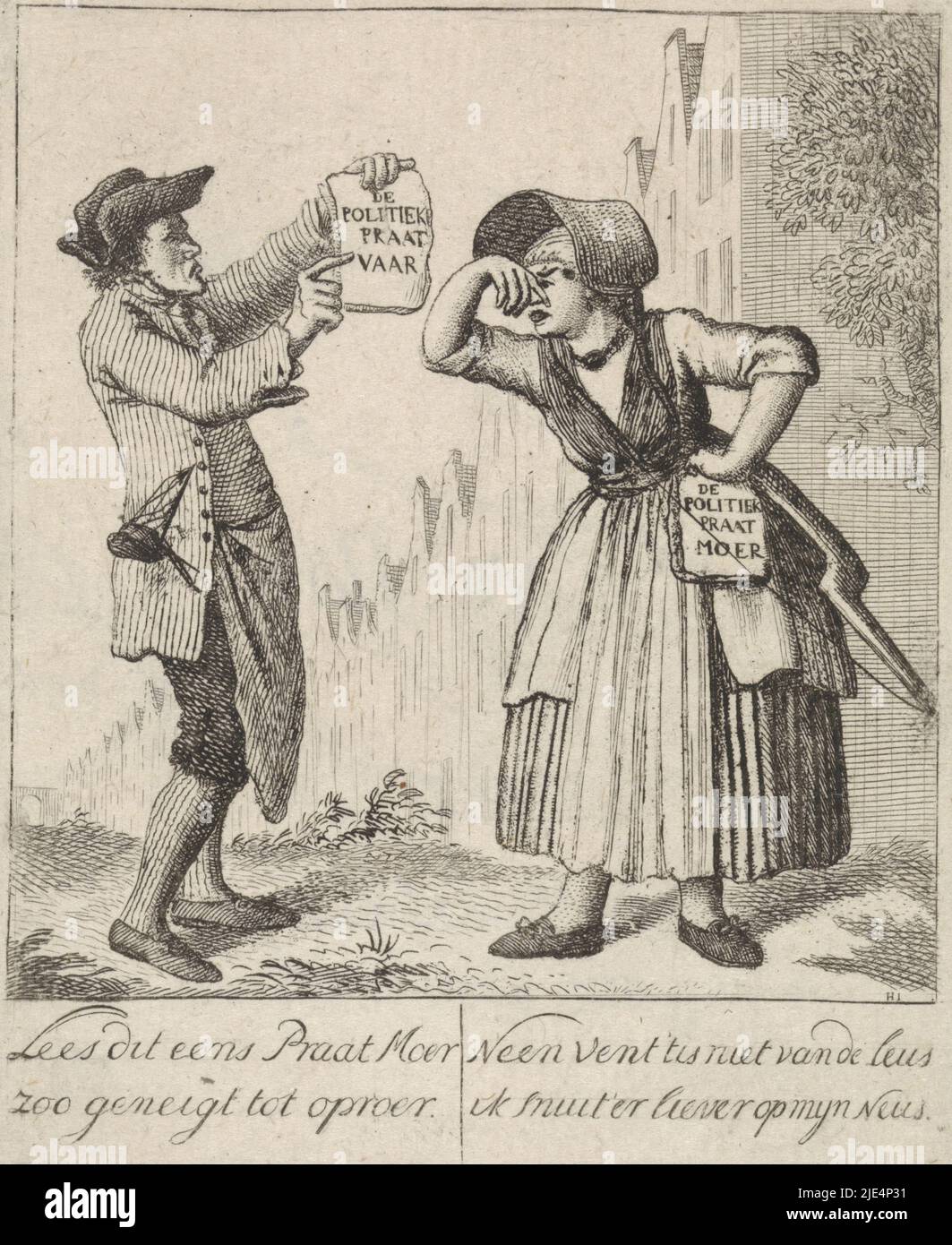 A laissé un homme avec une feuille de texte dans sa main: Le bavard politique. À droite, une femme se pressant le nez et avec une feuille de texte de son autre côté: Le bavard politique. Au bas de la marge: Lire ce qui dit une fois écrou ainsi tend à émeute // aucun type 'tis pas du slogan je muzzle 'là plutôt sur mon nez., satire politique, imprimeur: Joannes Hulstkamp, (mentionné sur l'objet), Rotterdam, 1774 - 1786, papier, gravure, h 105 mm × l 86 mm Banque D'Images