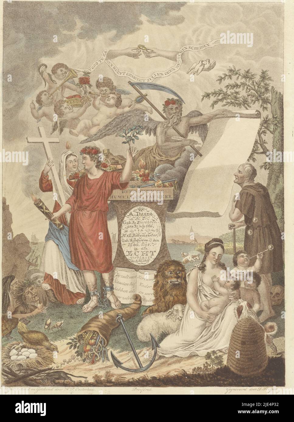Performances allégoriques à l'occasion du mariage de A. Daane et M.G. Bouwmeester le 5 février 1809. L'imprimé contient de nombreux symboles indiquant la foi, l'amour, la fertilité, le passage du temps, le bonheur et l'adversité. Un jeune homme avec une torche brûlante et une branche d'olivier porte un joug orné de fleurs et est enchaîné à ses pieds. À côté de lui se trouve la foi. Elle piétinent sous ses pieds quelques figures symbolisant la catastrophe et la jalousie. Un vieil homme regarde le temps du Père, qui montre une feuille qui n'est toujours pas décrite. Sur le terrain, Caritas est assise à côté d'elle un lion et un agneau. Po Banque D'Images