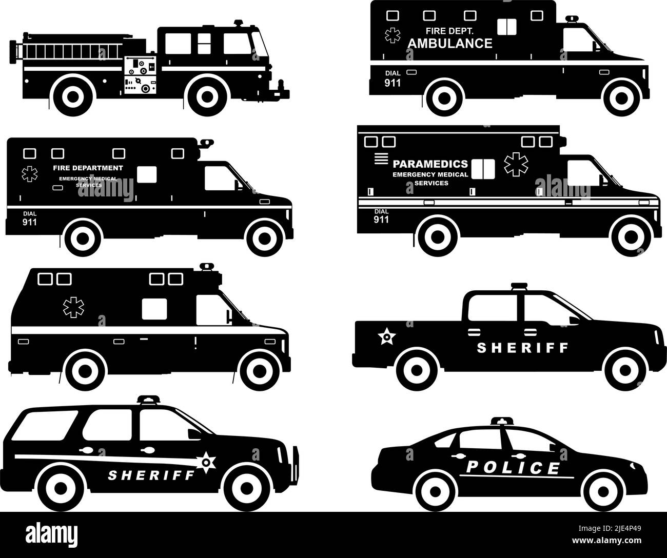 Illustration de la silhouette des voitures de pompiers, de police et d'ambulance isolées sur fond blanc. Illustration de Vecteur