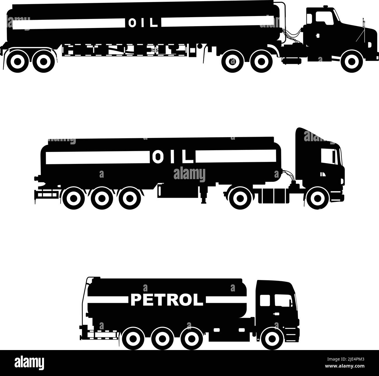 Illustration de la silhouette trois variantes de camions à essence sur fond blanc. Illustration de Vecteur