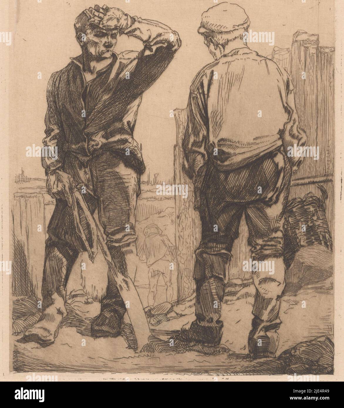 Deux travailleurs, l'un vu de l'avant, l'autre de l'arrière. Le premier tient en main un outil agricole, deux ouvriers, imprimeur: Johannes Josephus Aarts, 1881 - 1934, papier japonais (papier fait main), gravure, h 197 mm × l 165 mm Banque D'Images