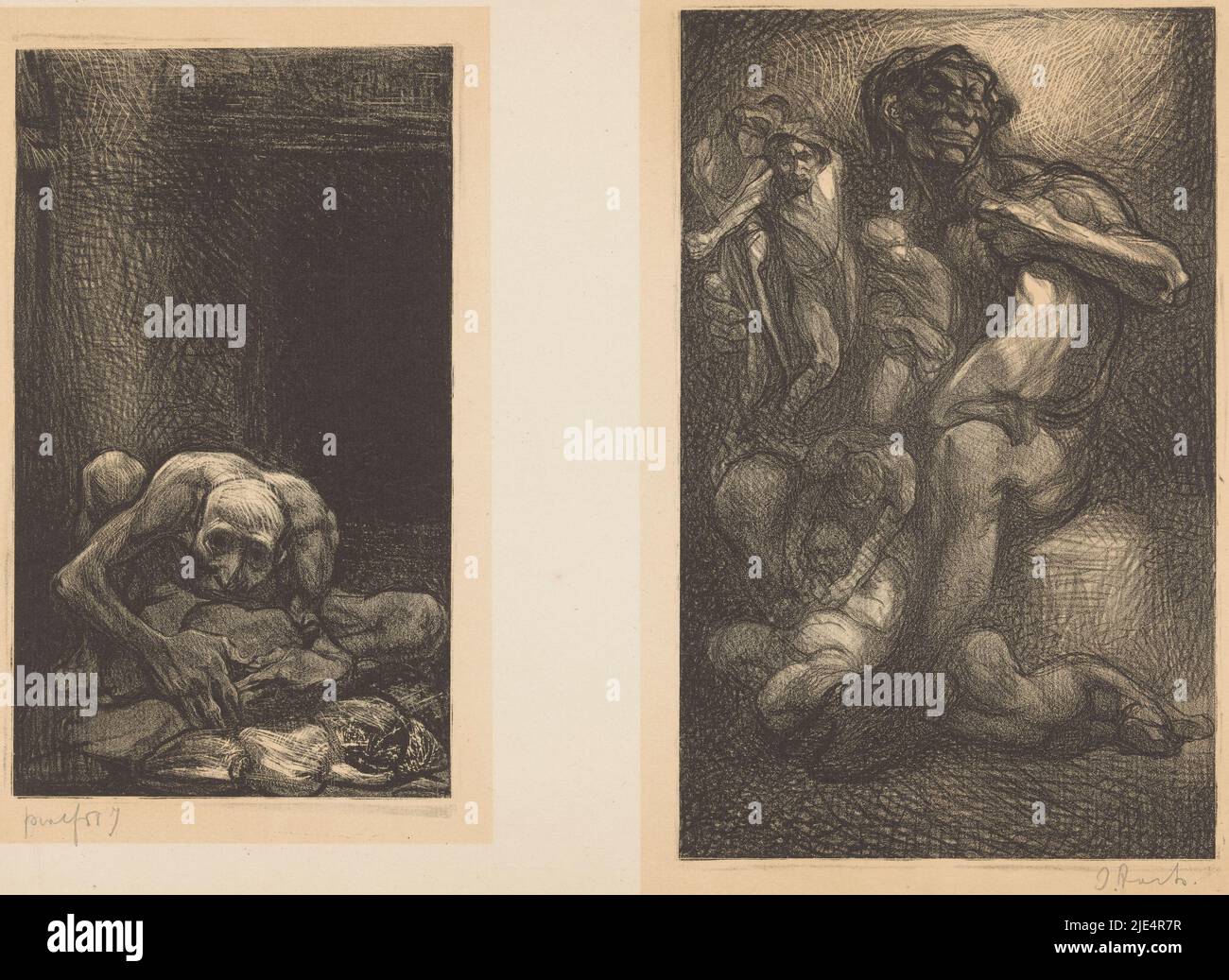Feuille avec deux spectacles. Sur la gauche : un homme chauve est assis sur le sol dans une pièce sombre. Il se plie sur une pile de pierres. A droite : un géant assis avec une collection de personnes debout, assis et allongé sur ses genoux et à ses pieds, un homme assis dans le géant sombre avec des gens sur ses genoux, imprimeur : Johannes Josephus Aarts, (signé par l'artiste), 1881 - 1934, papier, h 246 mm × l 143 mm × h 279 mm × l 175 mm, h 365 × l 505 Banque D'Images