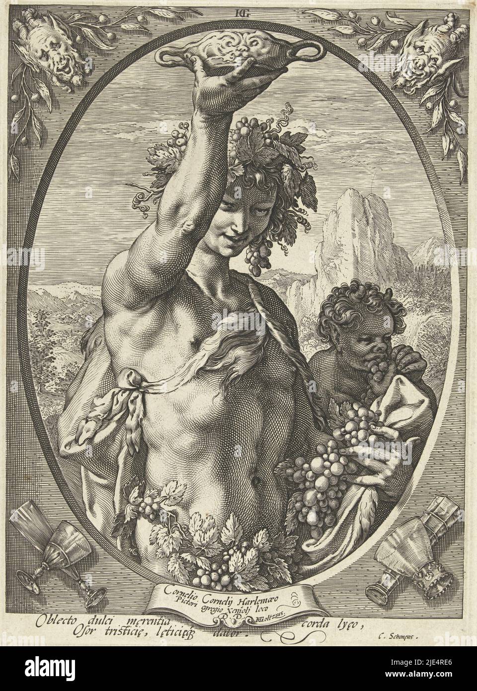 Le jeune dieu Bacchus dans la moitié, dans un ovale, des bouquets de raisins dans la main gauche, un bol tenant dans la main droite, des vignes autour de la tête. À côté de lui un peu satyr. En arrière-plan une montagne. Au-dessous de la scène, deux lignes de latin. Cet imprimé fait partie d'une série de trois empreintes de dieux classiques, Bacchus avec un bol à boire Bacchus Bacchus, venus et Ceres (titre de la série)., imprimeur: Hendrick Goltzius, (mentionné sur l'objet), Hendrick Goltzius, Cornelius Schonaeus, Haarlem, 1593 - 1597, papier, gravure, h 250 mm × l 183 mm Banque D'Images Le jeune dieu Bacchus dans la moitié, dans un ovale, des bouquets de raisins dans la main gauche, un bol tenant dans la main droite, des vignes autour de la tête. À côté de lui un peu satyr. En arrière-plan une montagne. Au-dessous de la scène, deux lignes de latin. Cet imprimé fait partie d'une série de trois empreintes de dieux classiques, Bacchus avec un bol à boire Bacchus Bacchus, venus et Ceres (titre de la série)., imprimeur: Hendrick Goltzius, (mentionné sur l'objet), Hendrick Goltzius, Cornelius Schonaeus, Haarlem, 1593 - 1597, papier, gravure, h 250 mm × l 183 mm Banque D'Images