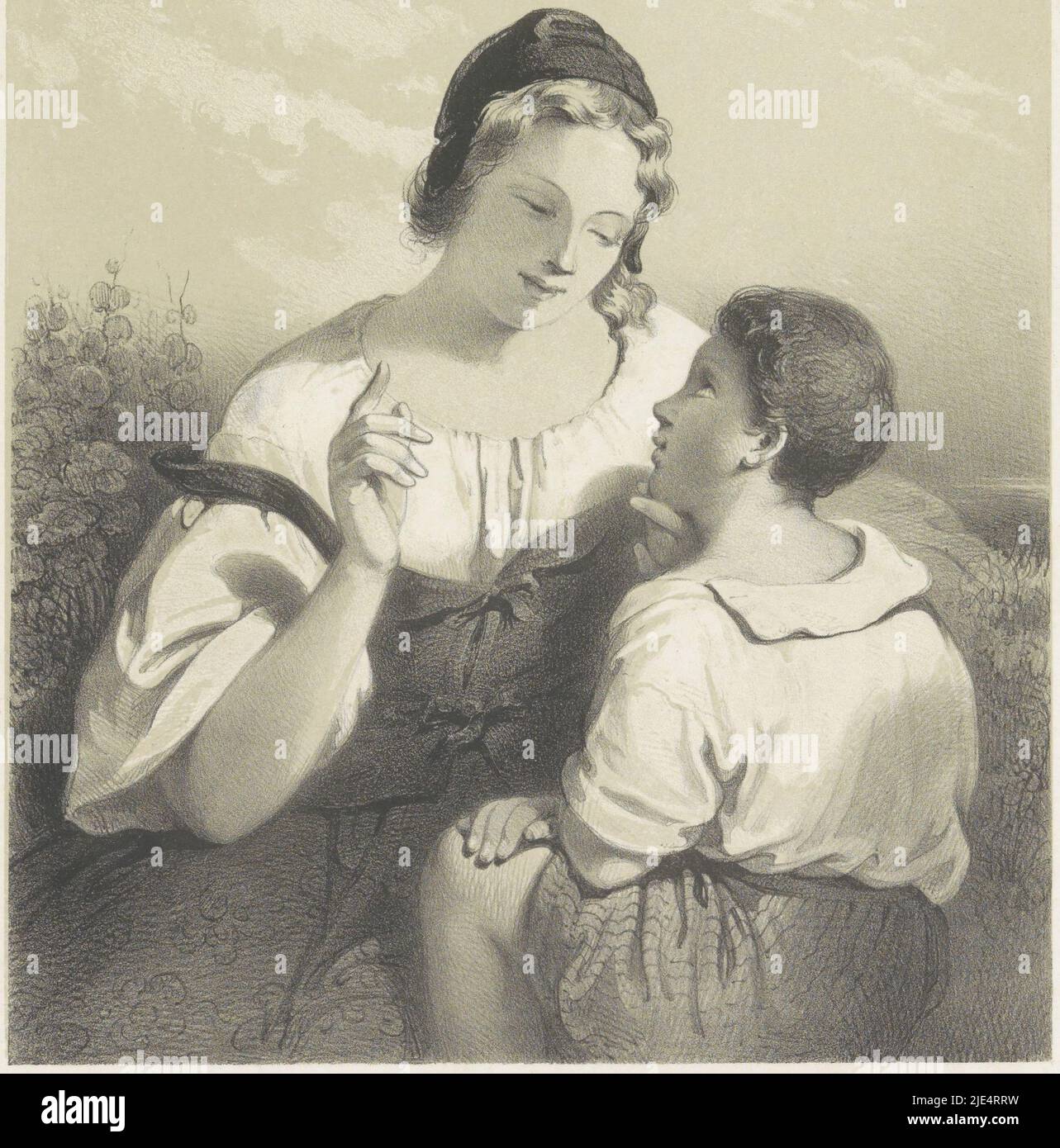 La fille et le garçon sont dans un paysage. La fille fait un geste de parole avec sa main droite, le garçon la regarde., fille parle à garçon, imprimeur: Isaac Cornelis eLink Sterk, (mentionné sur l'objet), Isaac Cornelis eLink Sterk, (mentionné sur l'objet), imprimeur: Koninklijke Nederlandse Steendrukkerij van C.W. Mieling, (mentionné en objet), la Haye, 1818 - 1871, papier, h 249 mm - l 330 mm Banque D'Images La fille et le garçon sont dans un paysage. La fille fait un geste de parole avec sa main droite, le garçon la regarde., fille parle à garçon, imprimeur: Isaac Cornelis eLink Sterk, (mentionné sur l'objet), Isaac Cornelis eLink Sterk, (mentionné sur l'objet), imprimeur: Koninklijke Nederlandse Steendrukkerij van C.W. Mieling, (mentionné en objet), la Haye, 1818 - 1871, papier, h 249 mm - l 330 mm Banque D'Images