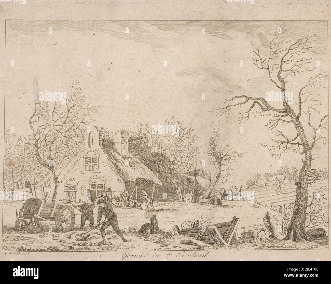 Vue sur la terre autour d'une ferme. Au premier plan, deux hommes sont des pierres de pellage dans un chariot. Plus loin sur deux travailleurs labourent la terre et en arrière-plan quelqu'un sème la terre, Farmyard View dans 't Gooiland., imprimeur: I.M. Fiehne, (mentionné sur l'objet), pays-Bas, 1800 - 1815, papier, gravure, h 198 mm × l 264 mm Banque D'Images