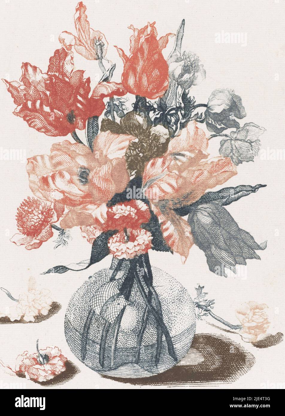Vase en verre avec tulipes rouges et autres fleurs. A côté du vase trois fleurs tombées, cinq gravures de fleurs dans un vase en verre fleurs dans un vase en verre., imprimeur: Anonyme, Jean Baptiste Monnoyer, Johan Teyler, pays-Bas, 1688 - 1698, papier, gravure, h 209 mm × l 156 mm Banque D'Images