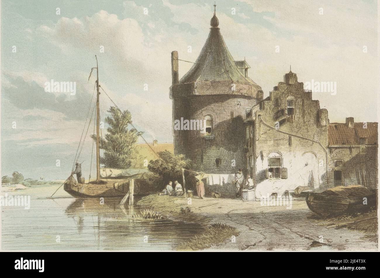 À droite le Waltoren à Culemborg situé sur une rivière. Un voilier sur la rivière, vue de la tour de Culemborg., imprimeur: Jan Weissenbruch, (mentionné sur l'objet), Jan Weissenbruch, (mentionné sur l'objet), imprimeur: Koninklijke Nederlandse Steendrukkerij van C.W. Mieling, (mentionné en objet), la Haye, 1847 - 1865, papier, h 253 mm × l 323 mm Banque D'Images