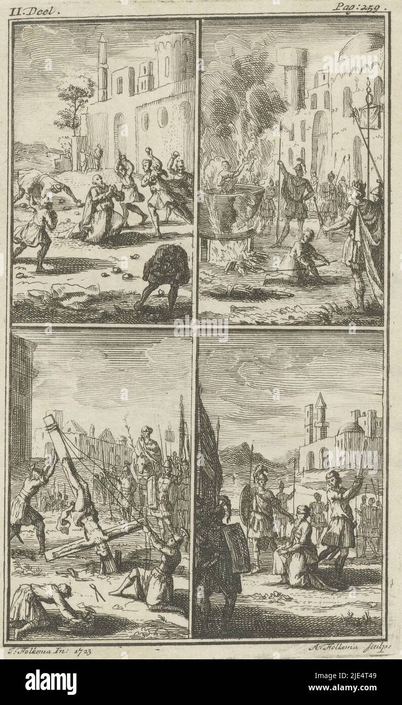 Quatre scènes différentes de saints torturés. Les scènes sont expliquées sur la feuille de texte qui l'accompagne. Imprimer en haut à gauche et à droite : ii Pièce. - Pag:259., quatre scènes différentes de martyrs, imprimeur: Anna Folkema, (mentionné sur l'objet), Jacob Folkema, (mentionné sur l'objet), 1723, papier, gravure, h 127 mm × l 79 mm Banque D'Images