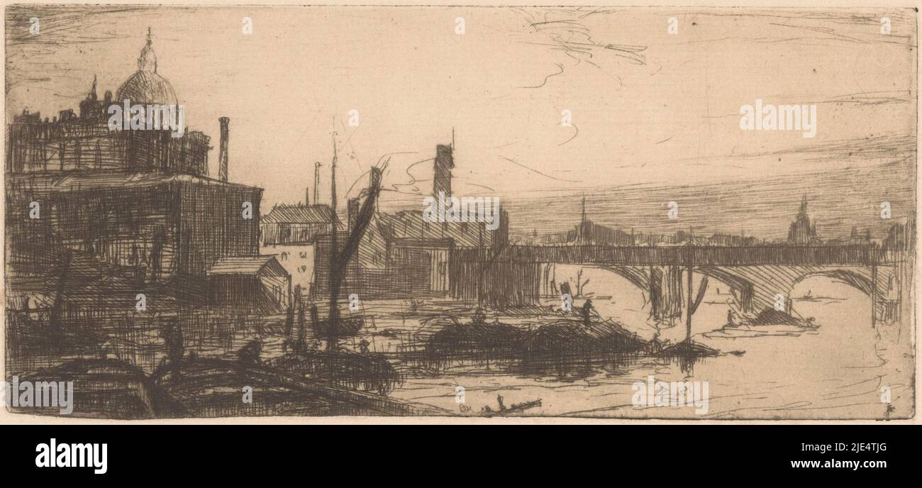 Glissement au premier plan. En arrière-plan à gauche, le dôme d'un bâtiment, Bridge over the Thames in London., imprimerie: Willem Adrianus Grondout, 1888 - 1934, papier, gravure, h 99 mm × l 216 mm Banque D'Images