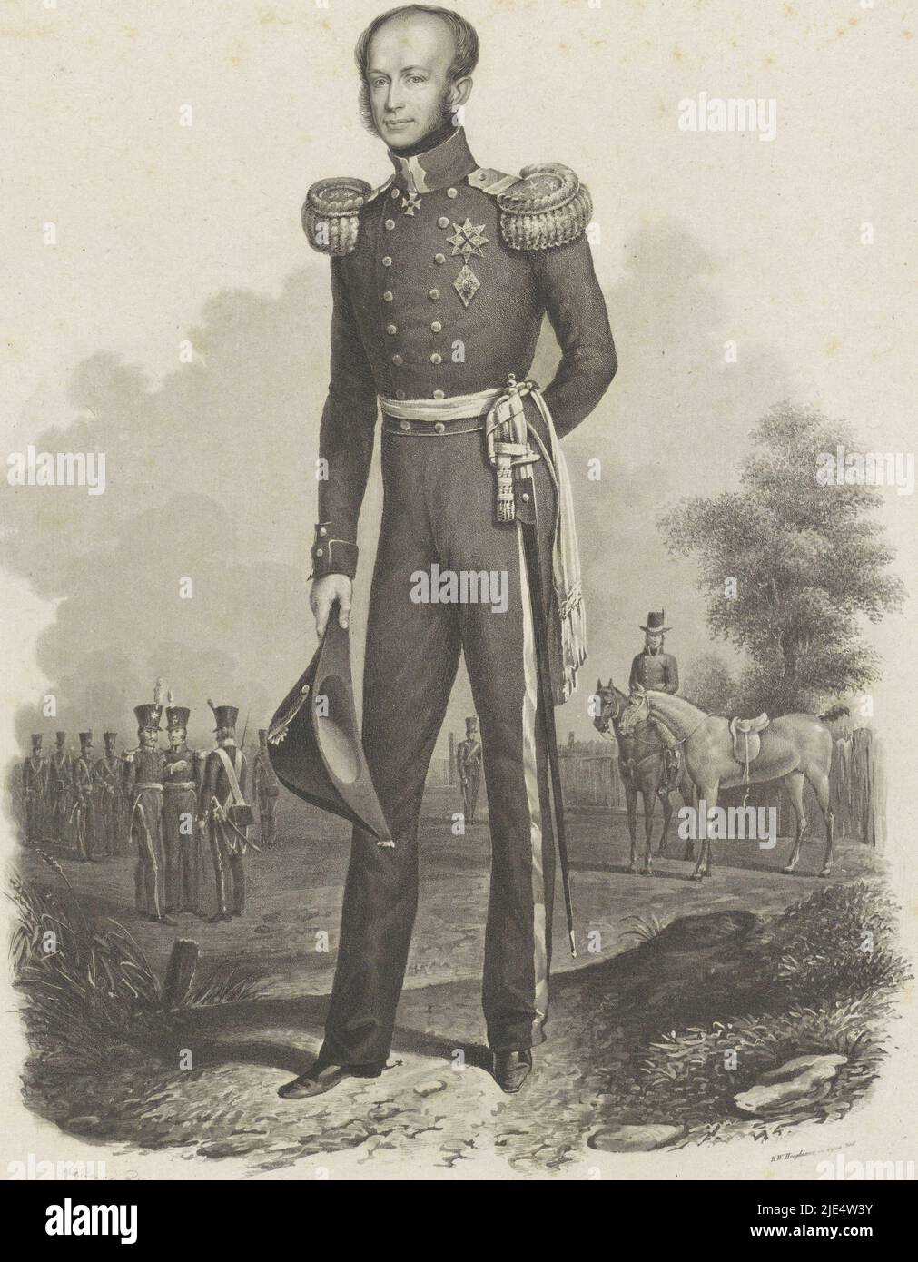 Portrait de William II Dans sa main droite son chapeau. Soldats en arrière-plan. Dans la marge inférieure, quatre lignes de texte néerlandais sur la bataille de Hasselt et la bataille de Louvain, du 8 au 12 août 1831, Portrait de William II, Roi des pays-Bas., Imprimeur: Willem Hendrik Hoogkamer, (mentionné sur l'objet), Imprimeur: Walraad Nieuwhoff, (mentionné sur l'objet), Imprimeur: Hendrik Klouzing (II), (mentionné sur l'objet), imprimeur: Pays-Bas, imprimeur: Amsterdam, imprimeur: Amsterdam, Editeur: Amsterdam, 1831, papier, gravure, h 402 mm × l 274 mm Banque D'Images