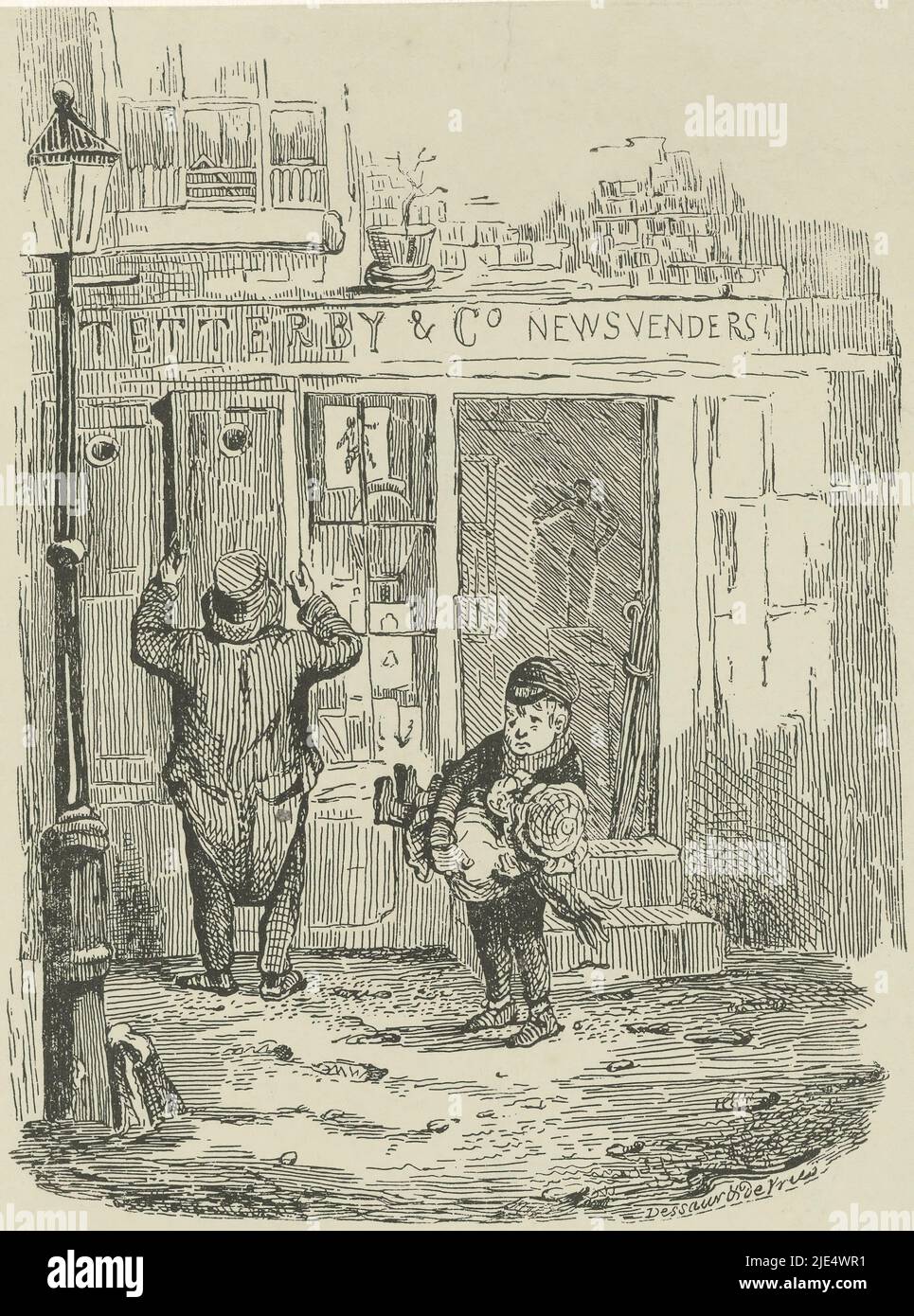 Devant un kiosque de journaux se tient un petit garçon transportant un enfant encore plus petit. Le vendeur de journaux ouvre ou ferme les volets de sa boutique., scène de rue, imprimerie: Moses de Vries, (éventuellement), imprimeur: Dessaur & de Vries, (mentionné sur objet), éditeur: Dessaur & de Vries, (mentionné sur objet), Amsterdam, 1849 - avant 1851, papier, h 130 mm - largeur 102 mm Banque D'Images