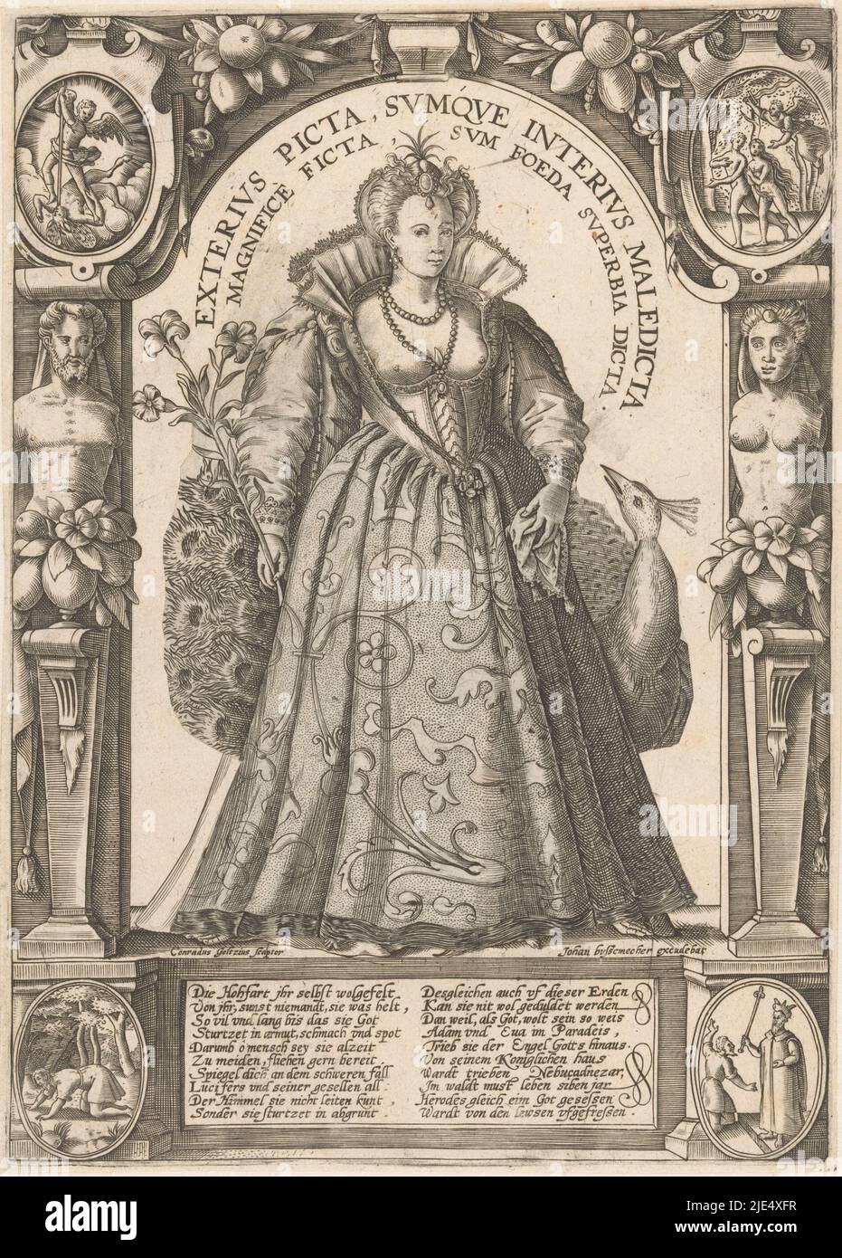 Superbia comme femme habillée de façon tendance, Lily dans la main droite. À sa gauche est un paon, son attribut. La jupe de la robe est pliable. Sous son corps inférieur comme squelette avec Adam et Eve pendant l'automne. Dans les coins du cadre architectural quatre médaillons avec des scènes bibliques de fierté. Avec légende en allemand, Allegory of Pride Exterius picta, sumque interius maledta., imprimeur: Conrad Goltz, (mentionné sur l'objet), éditeur: Johann Bussemacher, (mentionné sur l'objet), 1578 - 1597, papier, gravure, h 274 mm × l 196 mm Banque D'Images
