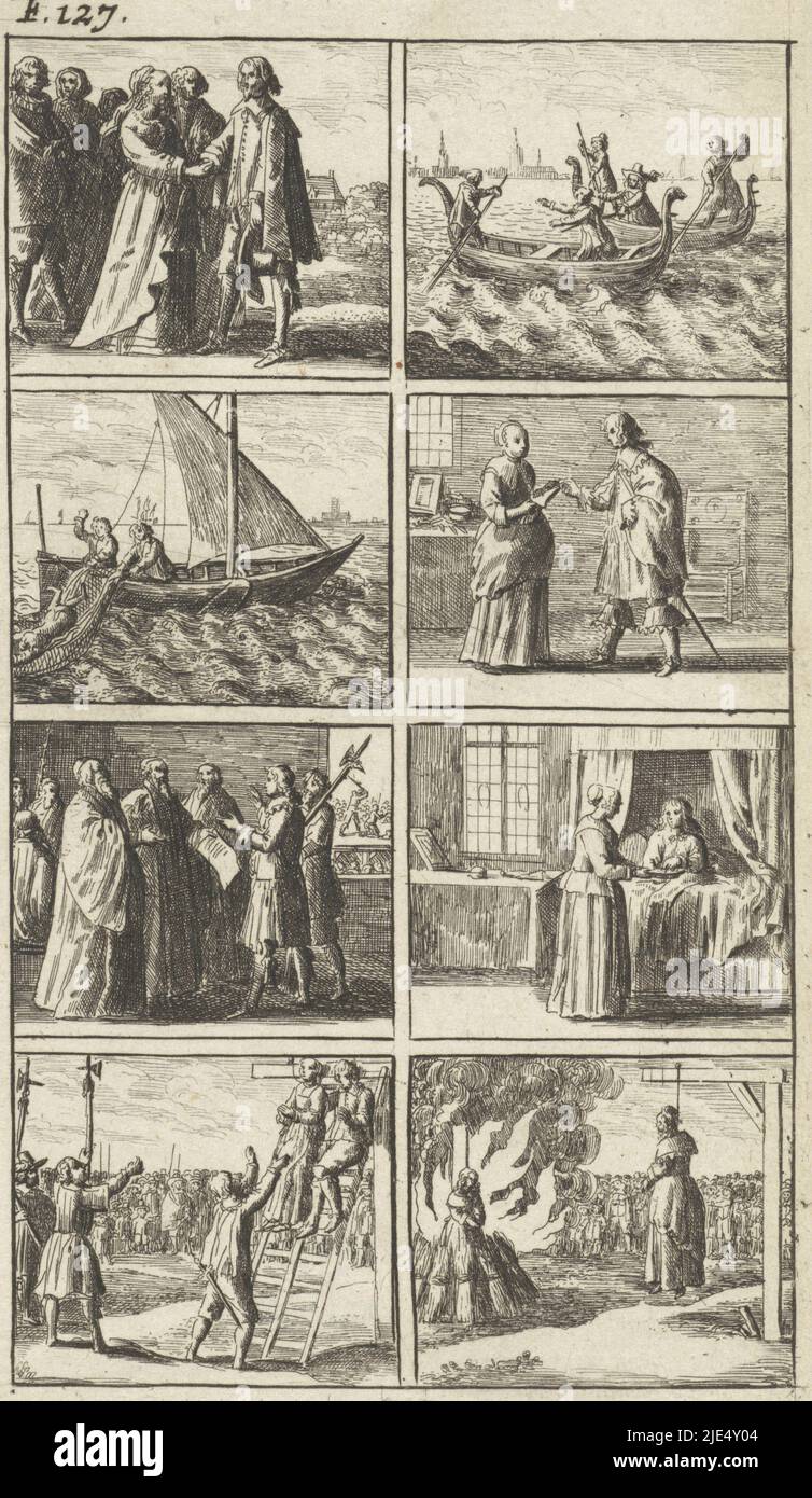 Histoire en huit scènes avec quelques scènes de meurtre et de la peine de mort. Parmi d'autres d'un homme qui est jeté à la mer, certaines personnes sur une laisse et d'une femme sur un pyre. En haut à gauche : F. 127., histoire avec scènes de meurtre et de peine de mort., Imprimeur : Abraham Dircksz. Santvoort, éditeur: Gerrit van Goedesberg, imprimeur: Pays-Bas, éditeur: Amsterdam, 1667, papier, gravure, h 155 mm × l 94 mm Banque D'Images Histoire en huit scènes avec quelques scènes de meurtre et de la peine de mort. Parmi d'autres d'un homme qui est jeté à la mer, certaines personnes sur une laisse et d'une femme sur un pyre. En haut à gauche : F. 127., histoire avec scènes de meurtre et de peine de mort., Imprimeur : Abraham Dircksz. Santvoort, éditeur: Gerrit van Goedesberg, imprimeur: Pays-Bas, éditeur: Amsterdam, 1667, papier, gravure, h 155 mm × l 94 mm Banque D'Images