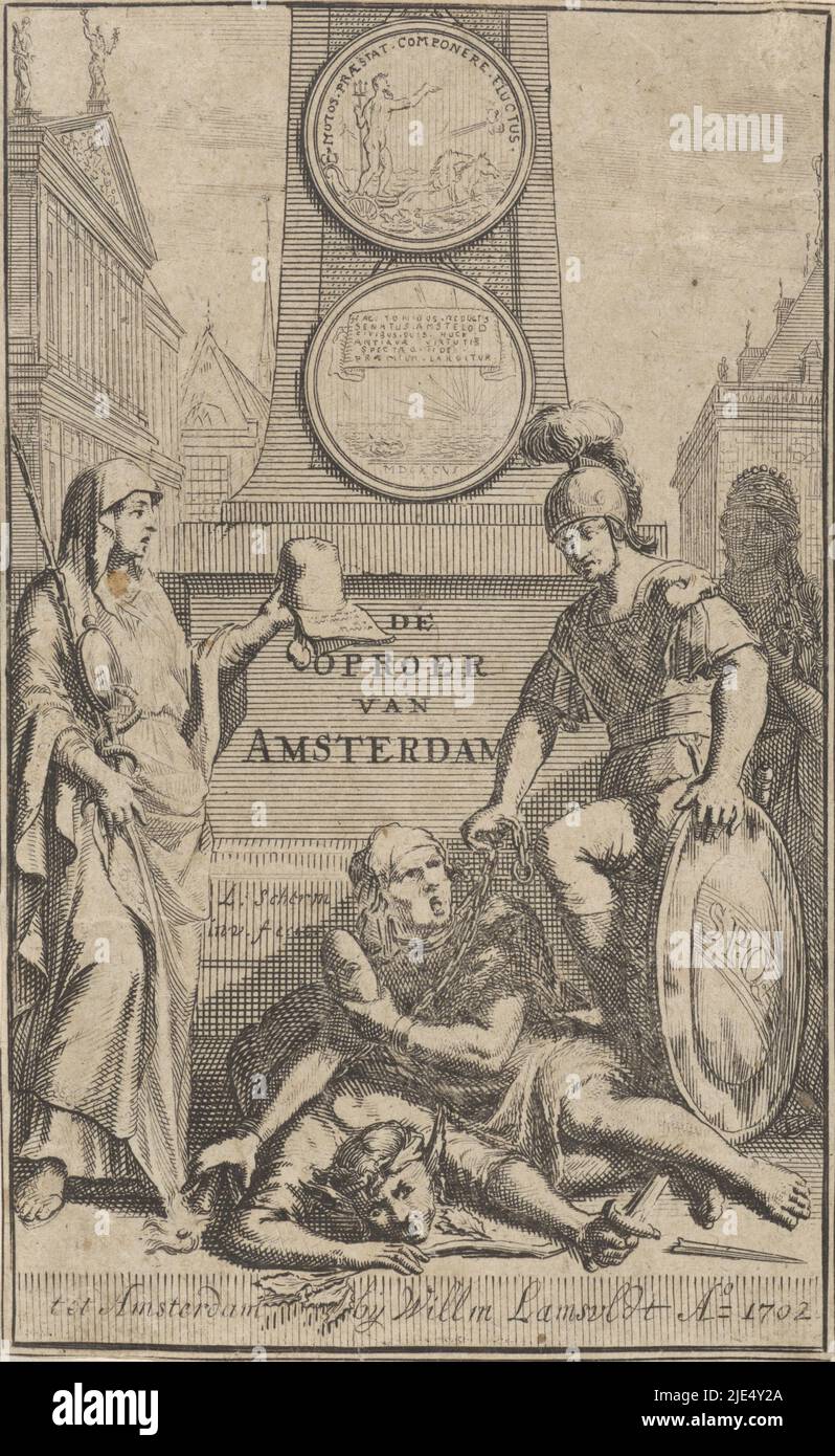 Exécution allégorique d'un obélisque dans lequel deux fauteurs de troubles (de la révolte du Président de 1696) sont enchaînés et réprimés par un soldat. Sur la gauche se trouve la mise en garde avec un miroir et un serpent. À droite se trouve le soldat, son bouclier porte l'abréviation S.P.Q.A. (Le sénat et le peuple d'Amsterdam). Dans sa main gauche il a des chaînes, avec lesquelles il a menotté l'homme devant lui. Sous cet homme se trouve un homme avec des oreilles d'âne et un poignard cassé. Sur l'obélisque se trouvent deux médaillons avec des symboles de mer: Au-dessus de Neptune sur son char et au-dessous de la mer. En arrière-plan sur la gauche la ville Banque D'Images